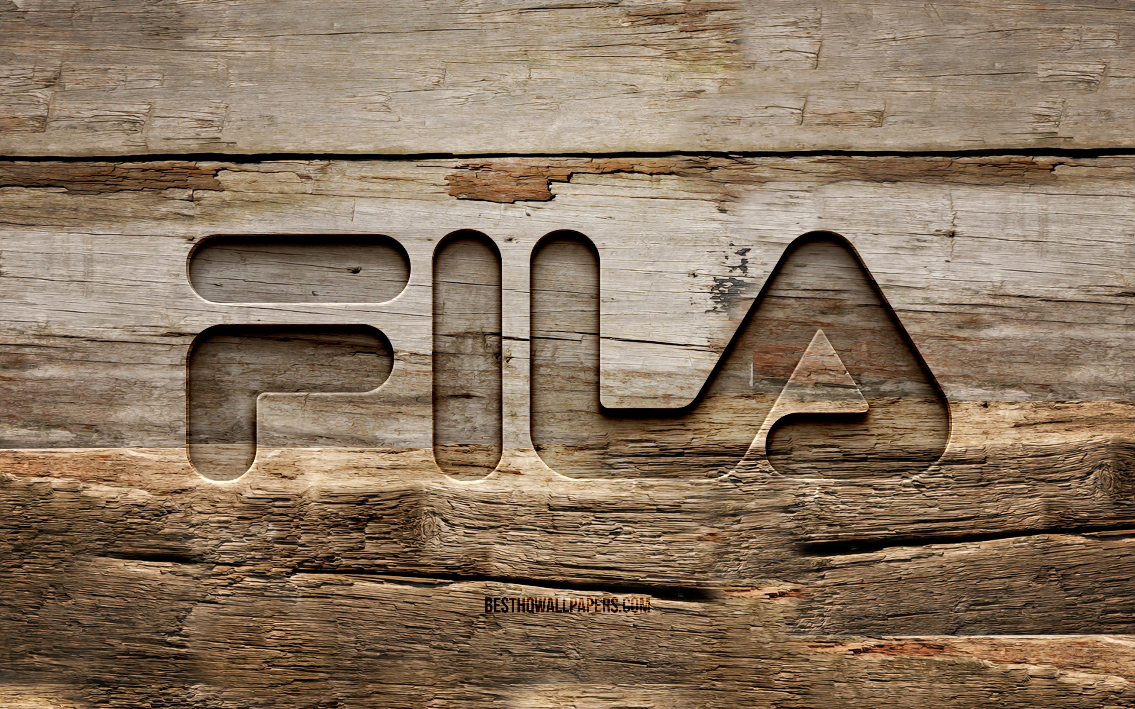 Download wallpaper Fila wooden logo, 4K, wooden background, fashion brands, Fila logo, creative, wood carving, Fila for desktop with resolution 3840x2400. High Quality HD picture wallpaper