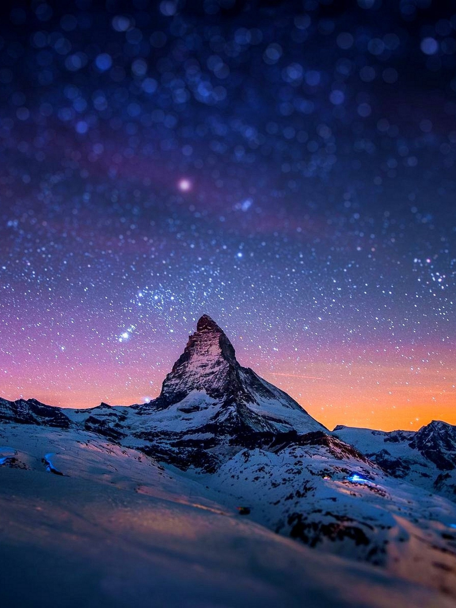 Download 1536x2048 Mountain, Night, Stars, Winter, Lights, Bokeh Wallpaper for Apple iPad Mini, Apple IPad 3, 4