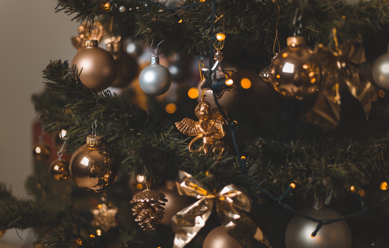 Wallpaper winter, balls, branches, the dark background, holiday, balls, angel, Christmas, New year, tree, gold plated, garland, needles, elegant, gold, bokeh image for desktop, section новый год