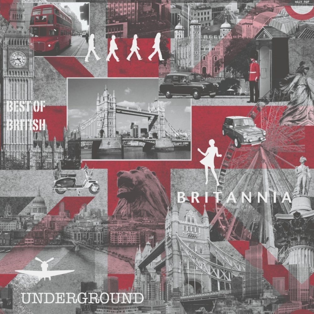Muriva Britannia City Wallpaper Red, Grey, Black from I Love Wallpaper UK