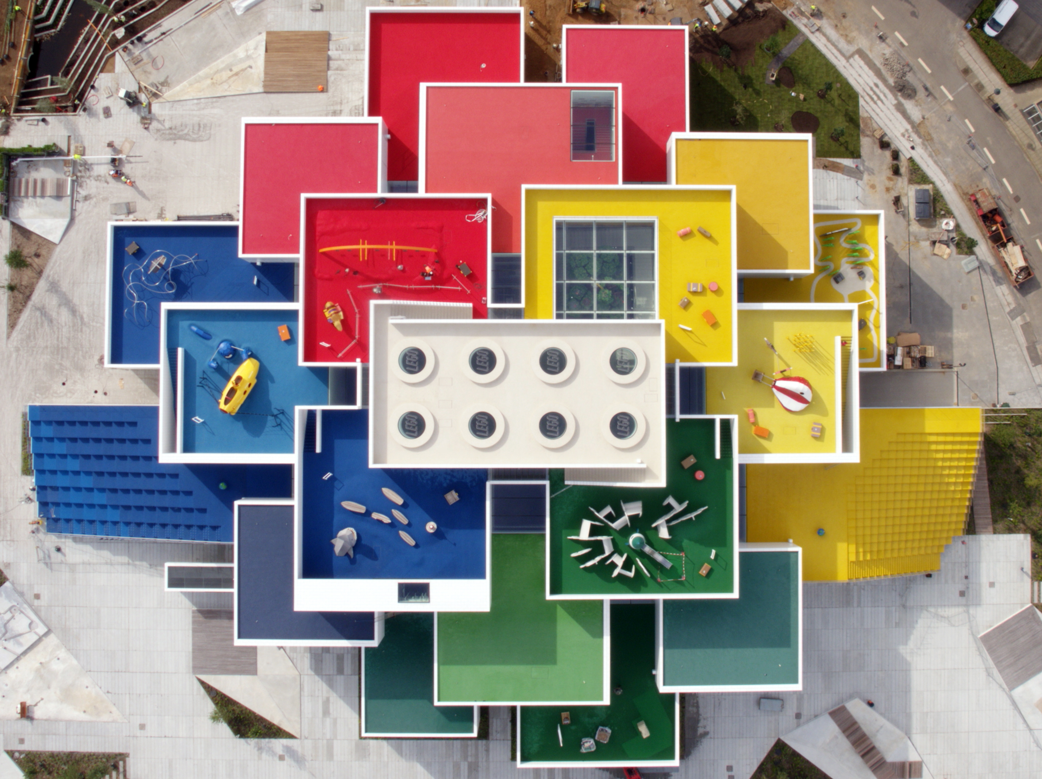 Wallpaper, 2103x1572 px, aerial view, architecture, bricks, building, city, cityscape, colorful, Denmark, LEGO House, road, rooftops 2103x1572