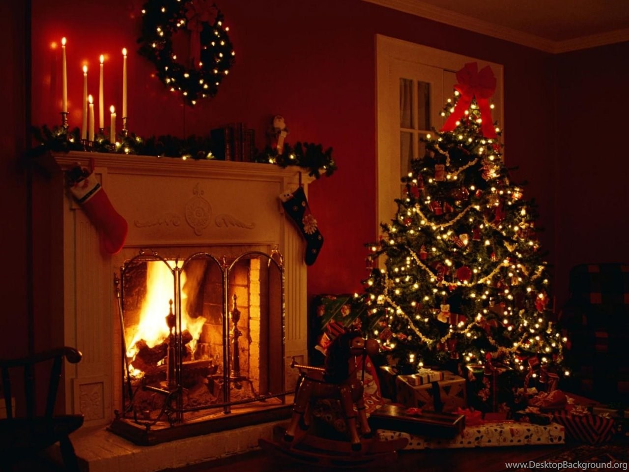 Wallpaper: Holiday, Garlands, Christmas Tree, Fireplace, Toys. Desktop Background
