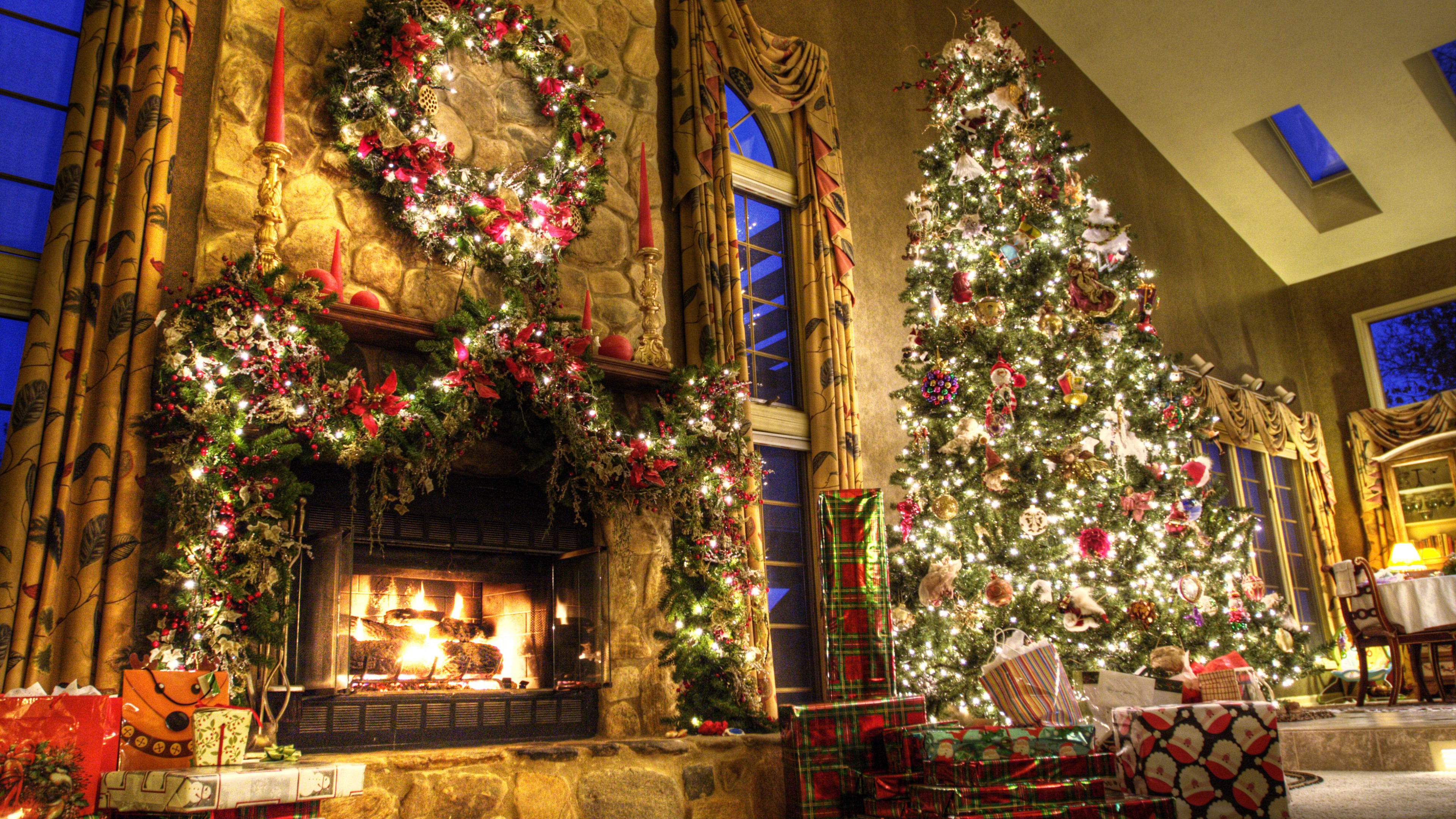 Wallpaper New Year, Fireplace, Decor, Fir Tree, Fire, Lights, Room, Gifts, Holidays