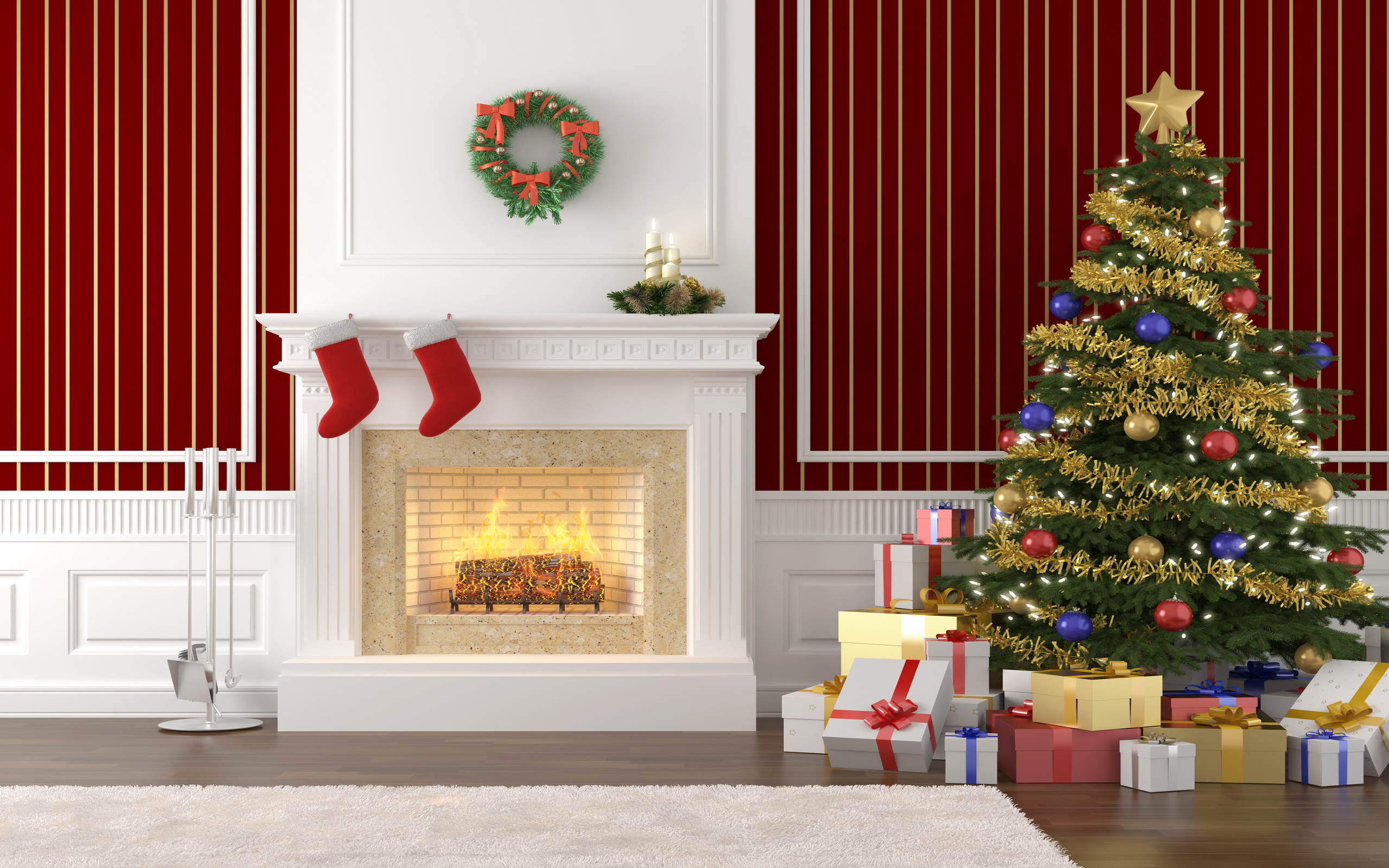 Wallpaper Christmas New Year Fireplace Christmas Tree Gift Box #GzsKZp
