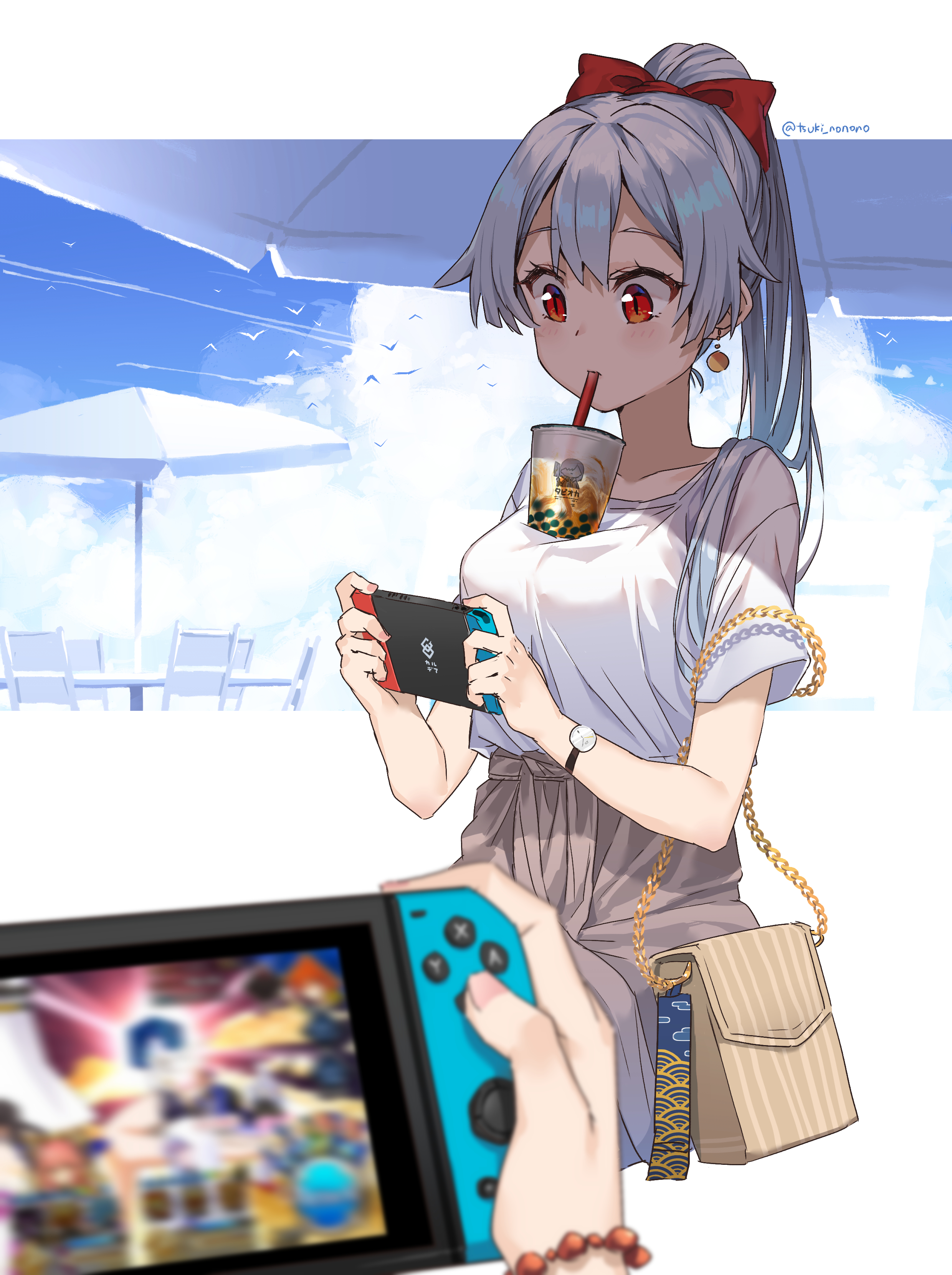 Wallpaper, Tomoe Gozen Fate Grand Order, Fate Grand Order, Archer Inferno Fate Grand Order, red eyes, anime girls, white hair, red bow, video games 2480x3322