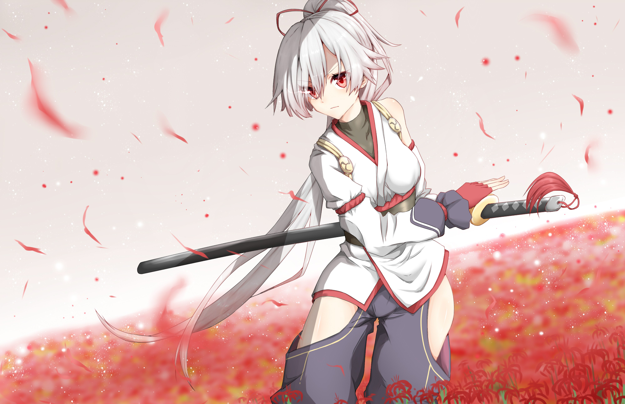 fate grand order fate (series) flowers katana long hair ponytail red eyes sword tagme (artist) tomoe gozen weapon white hair wallpaperx1293