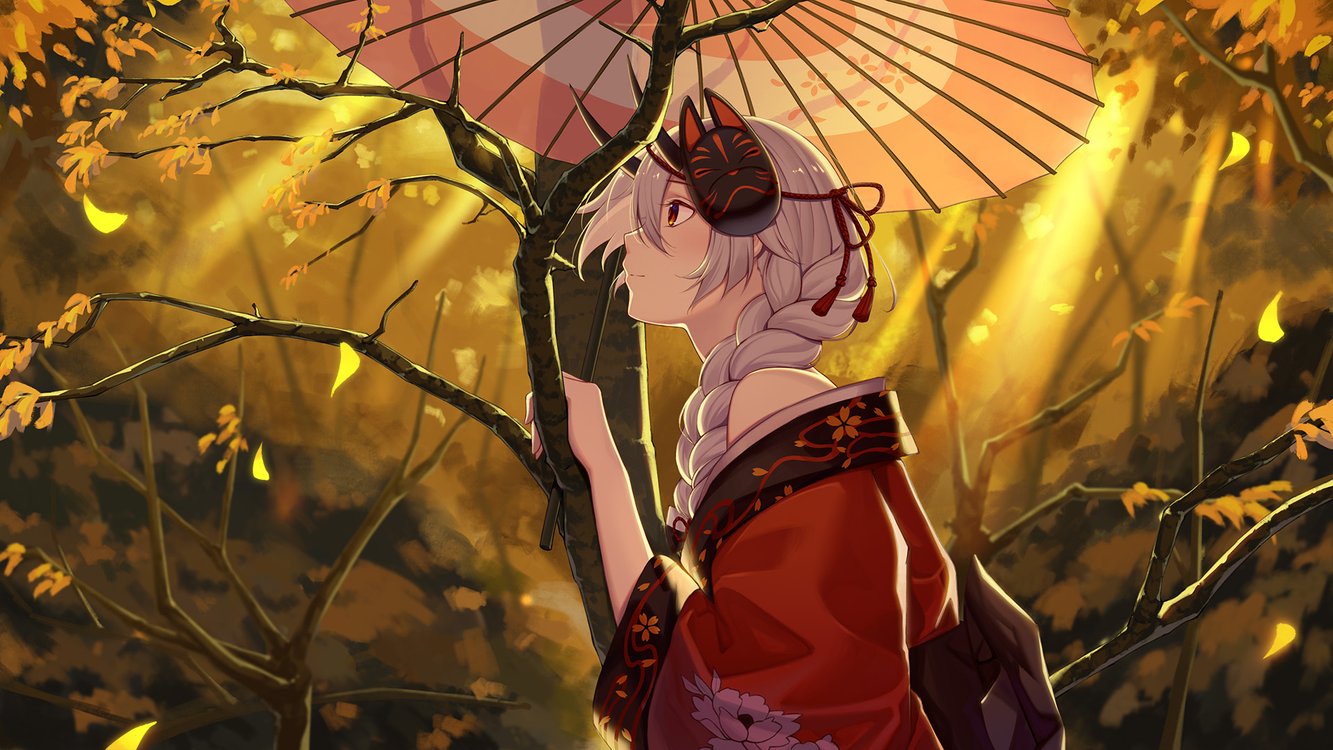 Baseness Fate Grand Order Tomoe Gozen (fate Grand Order) Horns Japanese Clothes Umbrella Wallpaper