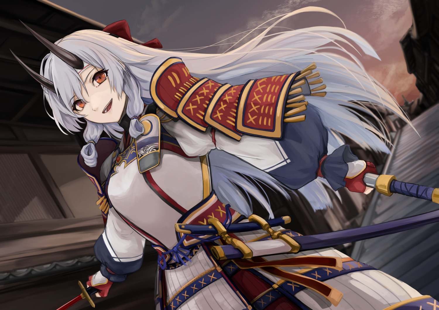 Armor Building Clouds Fate Grand Order Fate (series) Fuoo Shiizun Gray Hair Horns Katana Long Hair Red Eyes Samurai Sky Sunset Sword Tomoe Gozen Weapon. Konachan.com.com Anime Wallpaper