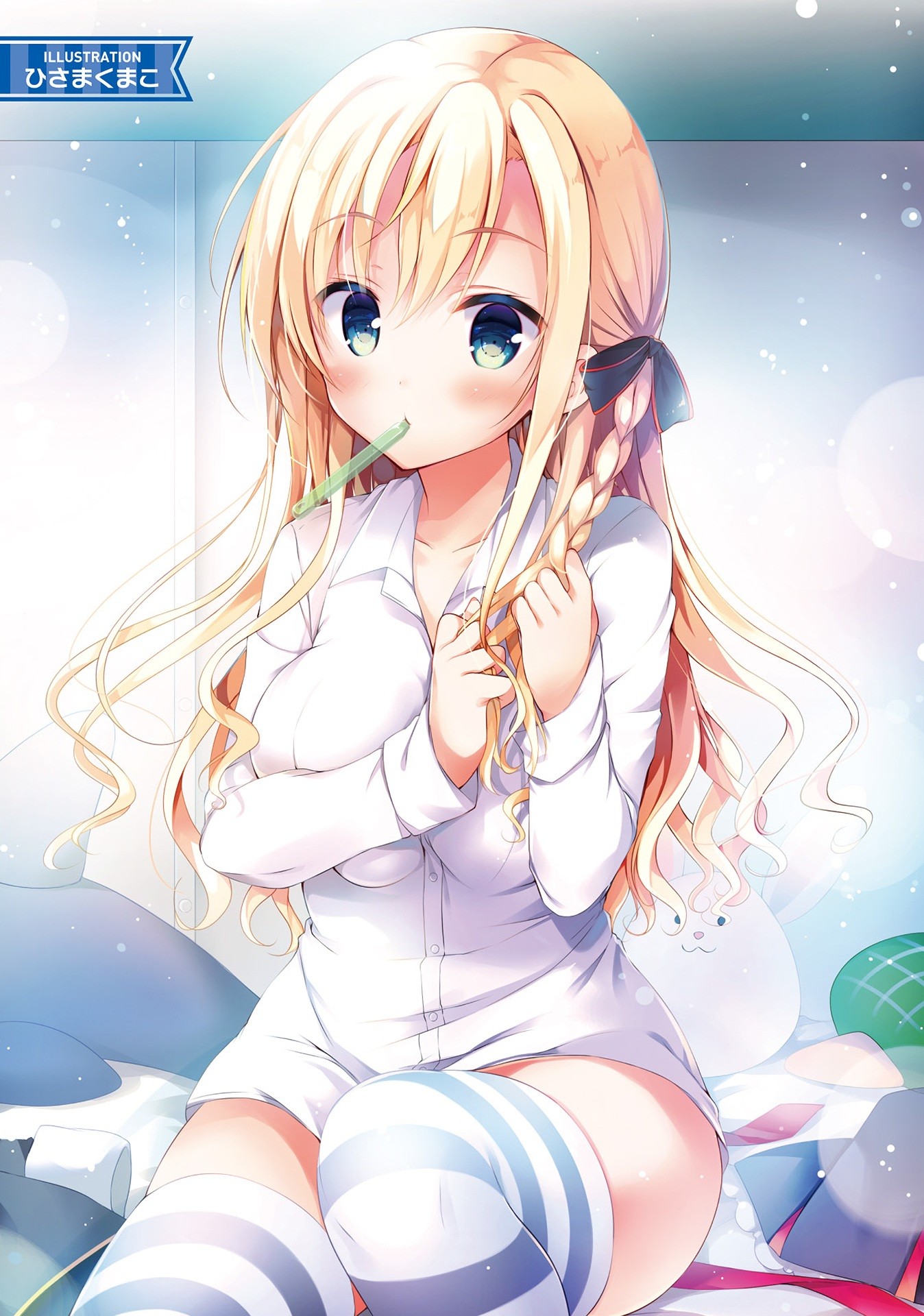 Wallpaper, illustration, blonde, long hair, anime girls, green eyes, stockings, cartoon, mouth, Haifuri, Wilhelmina Braunschweig Ingenohl Friedeburg, mangaka 1348x1920