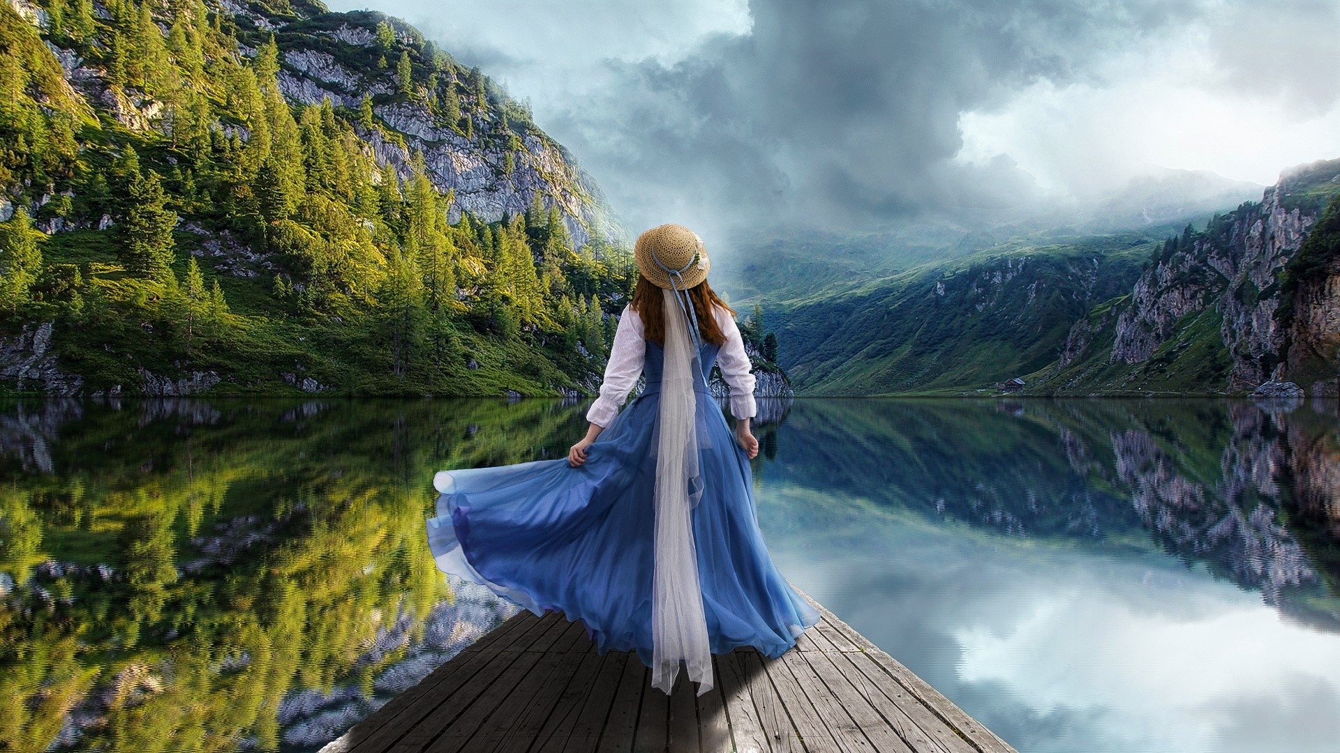 Girl Standing on Lake Pier HD Wallpaper