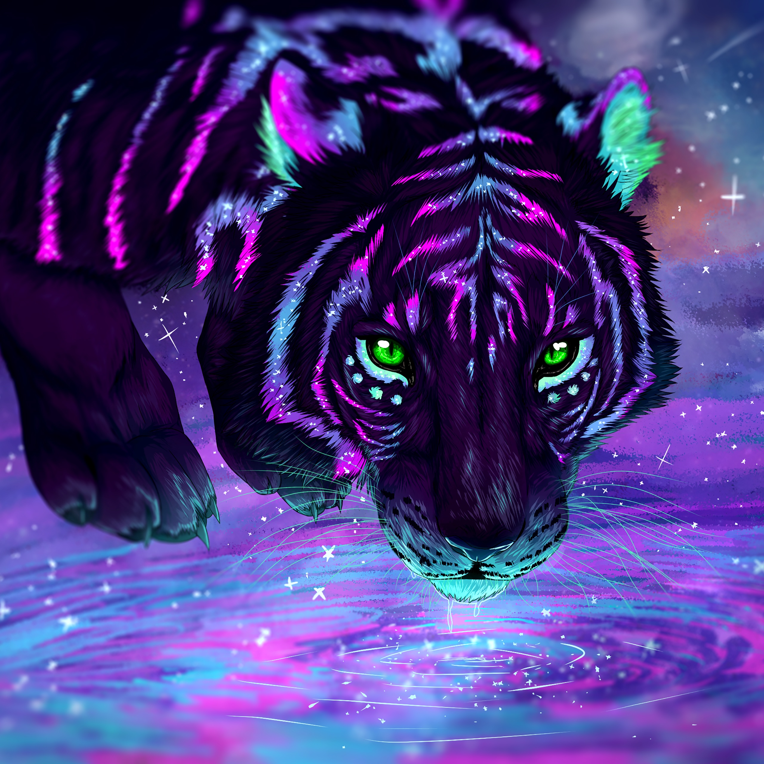 Tiger Wallpaper 4K, Neon, Digital paint, Glowing, Graphics CGI