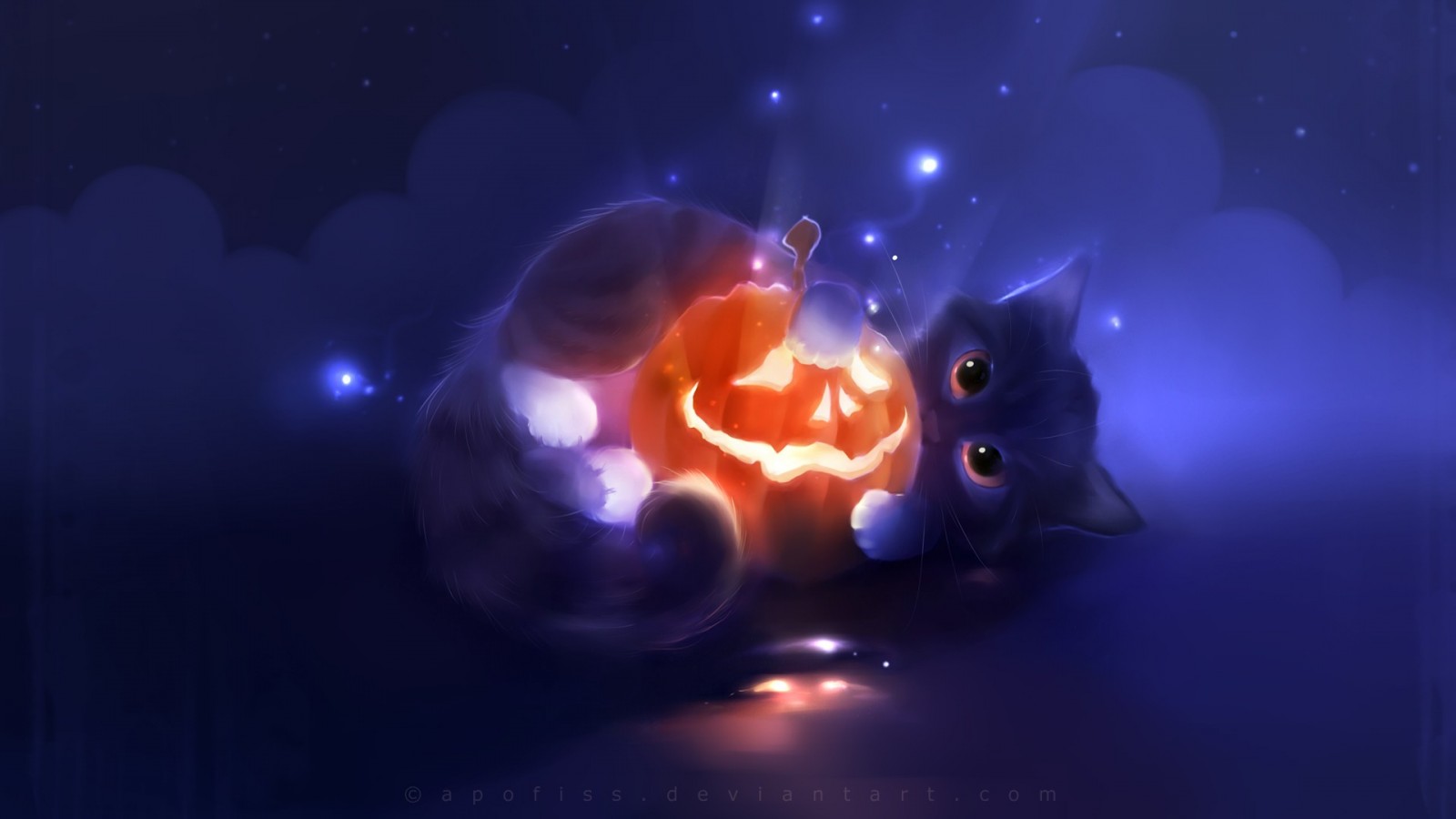 illustration, cat, animals, fantasy art, space, Halloween, pumpkin, artwork, glowing, glowing eyes, universe, Apofiss, screenshot, computer wallpaper, outer space High quality walls