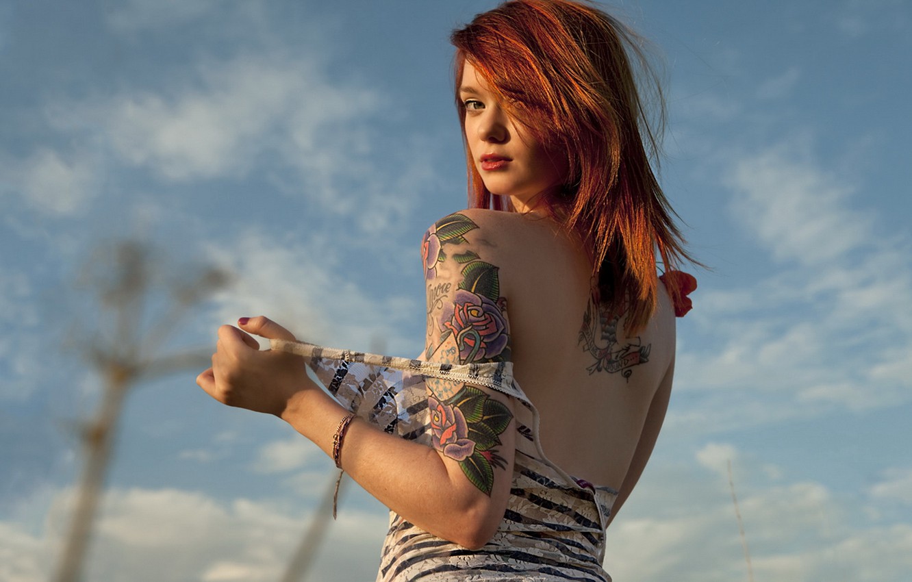 Wallpaper red, girl, , eyes, model, tattoo, face, body image for desktop, section девушки