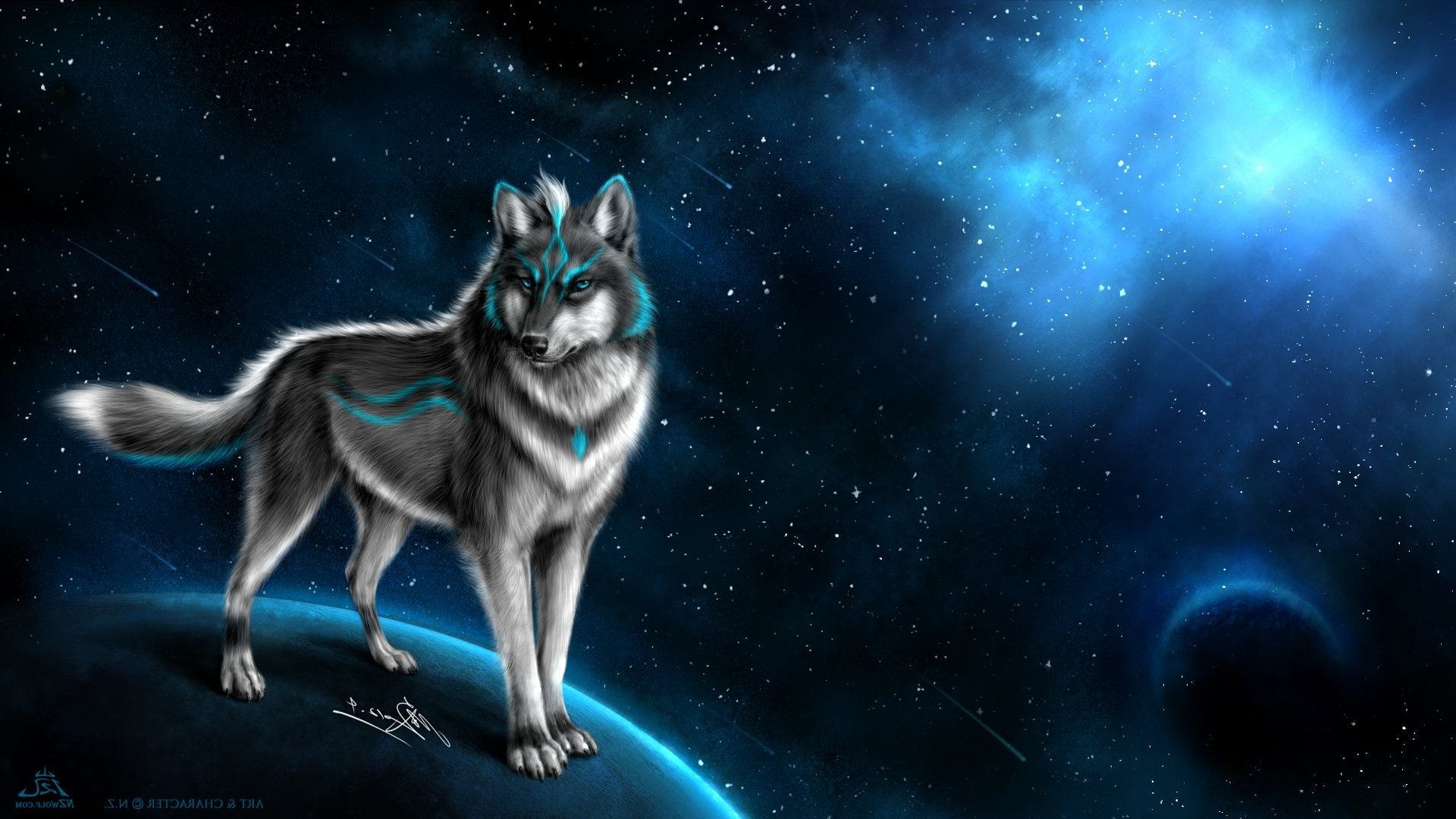 Wallpaper, illustration, digital art, animals, fantasy art, planet, artwork, stars, wolf, midnight, screenshot, 1920x1080 px, computer wallpaper, outer space 1920x1080