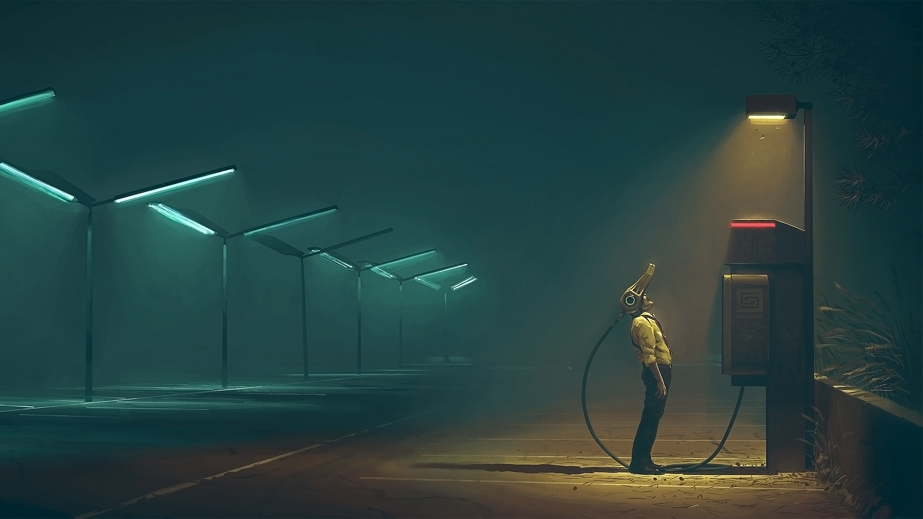 Wallpaper, Simon Stalenhag, street light, futuristic, night, VR Headset, parking lot, phone box 3840x2160