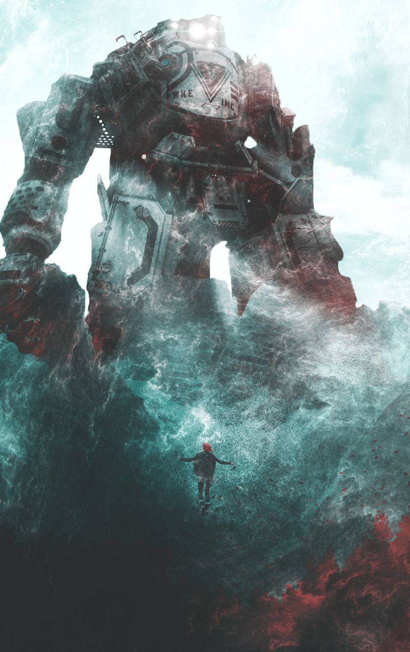 Download Giant robot, fantasy, girl, clouds, artwork wallpaper, 840x iPhone iPhone 5S, iPhone 5C, iPod Touch
