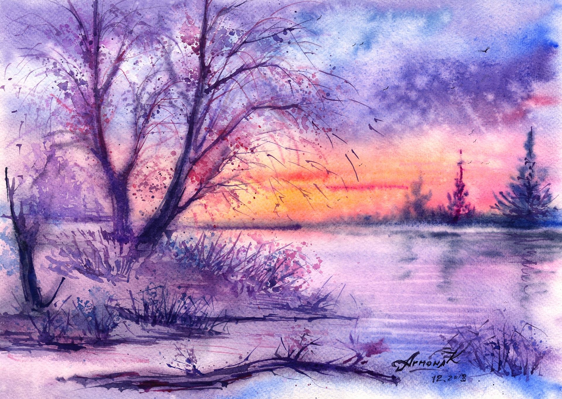 Download wallpaper painted landscape, watercolor, trees, river, winter, birds, painting resolution 1. Winter watercolor, Watercolor landscape, Landscape paintings