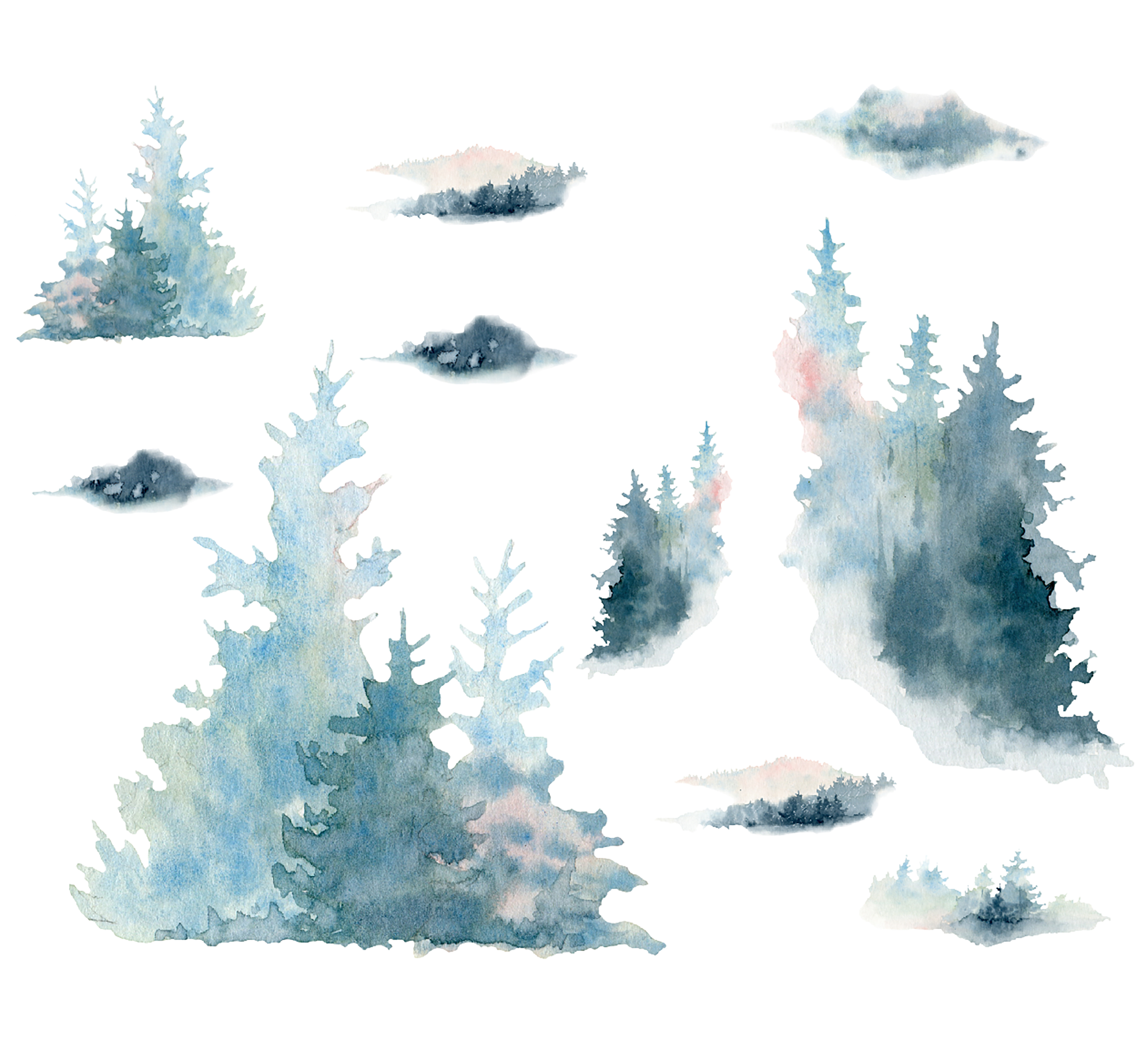 Watercolor Pine Forest Wall Decal Tree Fabric Nursery Woodland Decal Set, Peel and Stick 10 Decals included