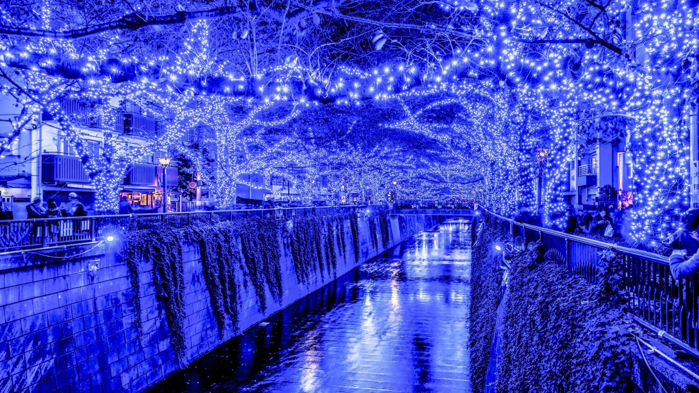 Download 1366x768 Japan, Tokyo, Canal, Blue Lights, People, Night Wallpaper for Laptop, Notebook
