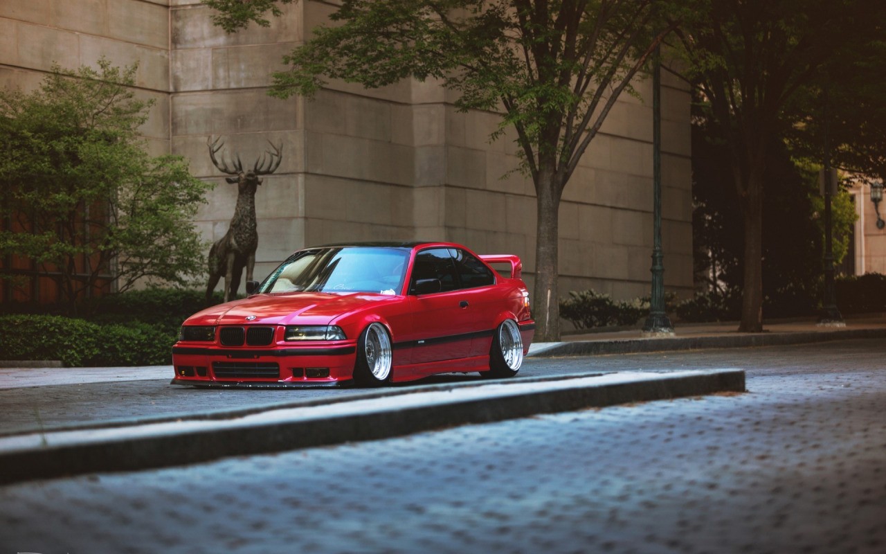 car, BMW E Stance, Tuning, Lowered, German Cars, Street, Trees, Sculpture, BMW, Yellow Headlights, Hellaflush Wallpaper HD / Desktop and Mobile Background