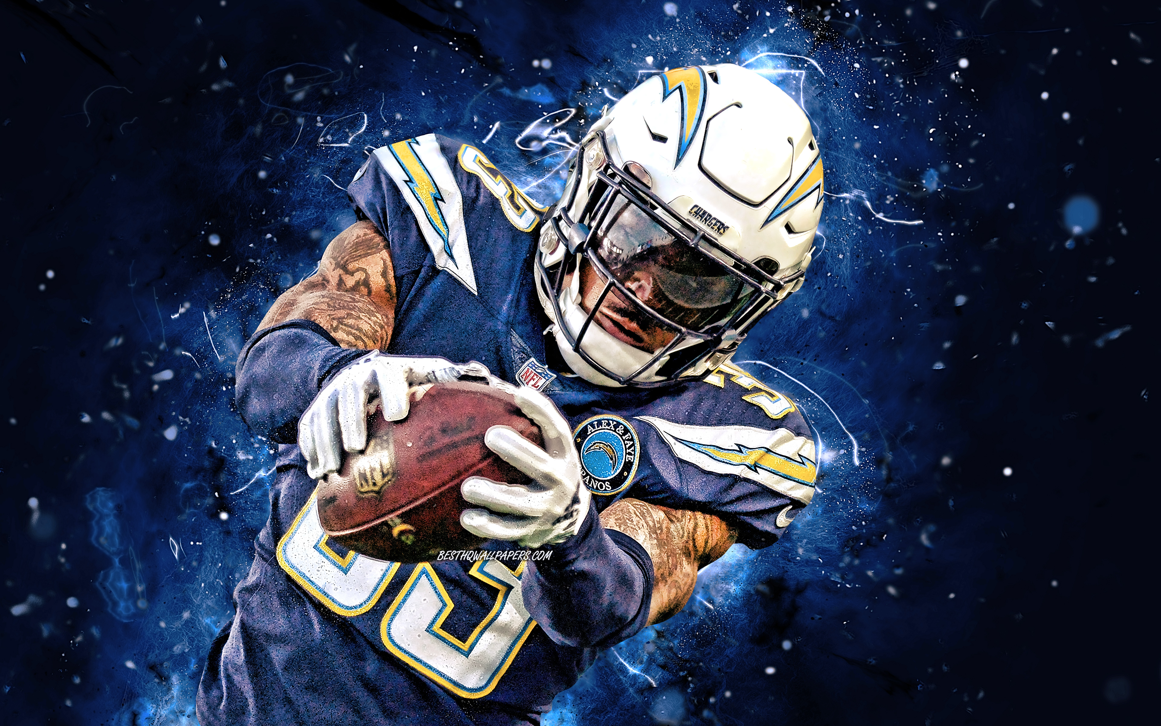 Download wallpaper Derwin James, 4k, NFL, strong safety, Los Angeles Chargers, american football, Derwin Alonzo James Jr, LA Chargers, National Football League, neon lights, Derwin James LA Chargers for desktop with resolution