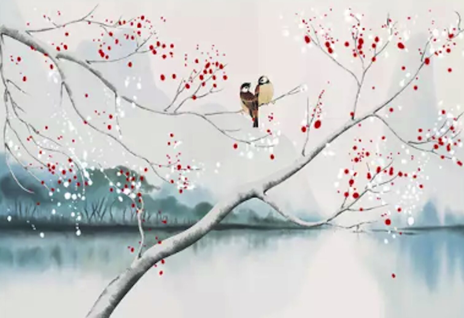 Red Barrel Studio® Hind Watercolor Winter Lake Landscape Natural Removable Textile Wallpaper