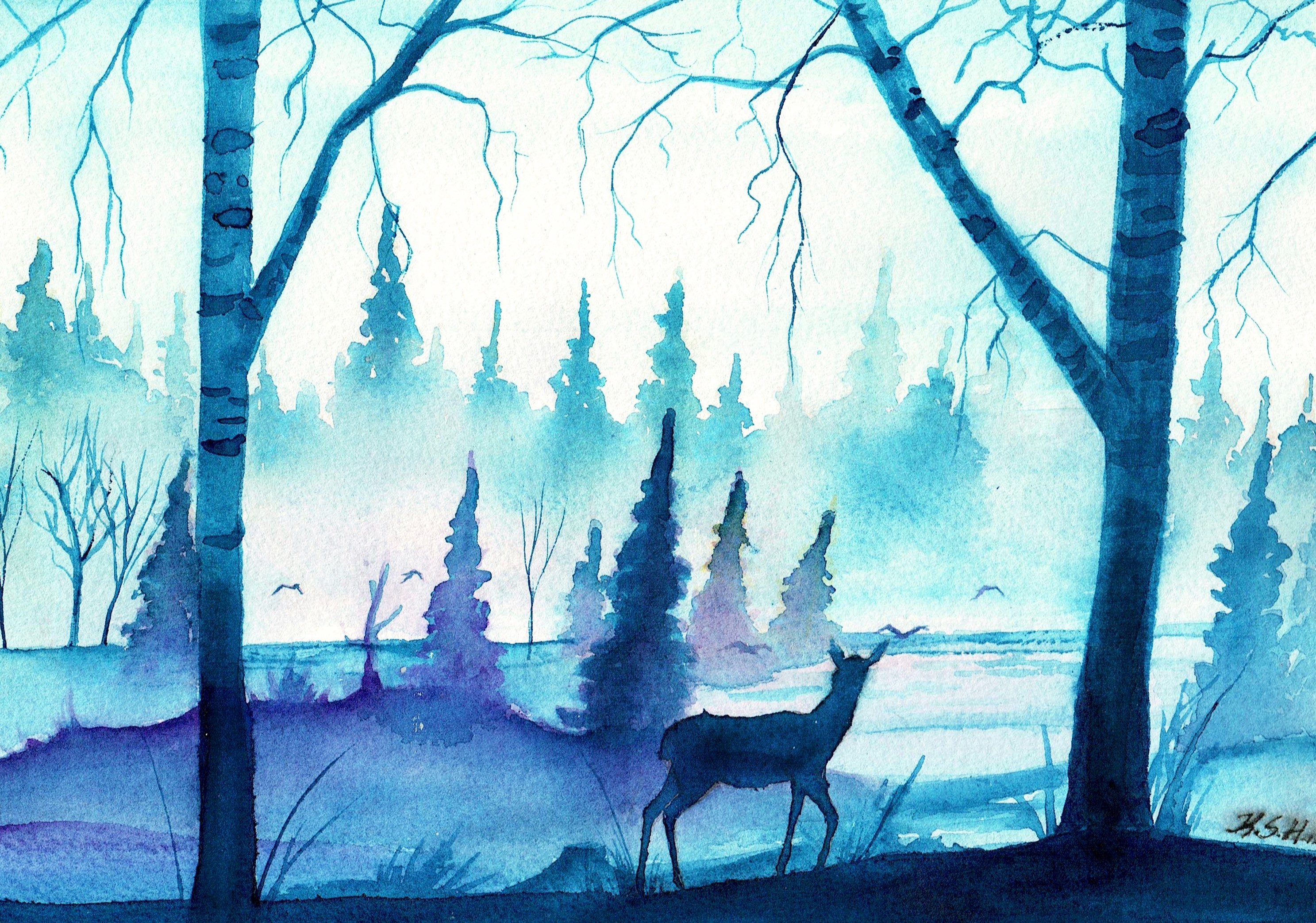 Wallpaper, drawing, painting, forest, illustration, deer, winter, blue, mist, ART, sketch, modern art, acrylic paint, watercolor paint 2974x2085