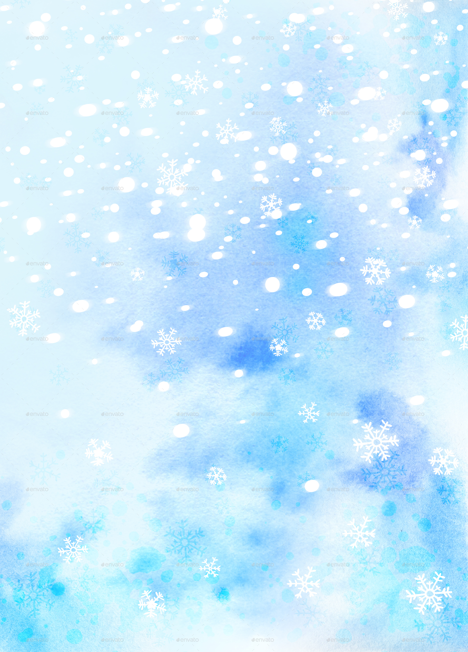Blue Christmas Watercolor Background Set with Snowflakes