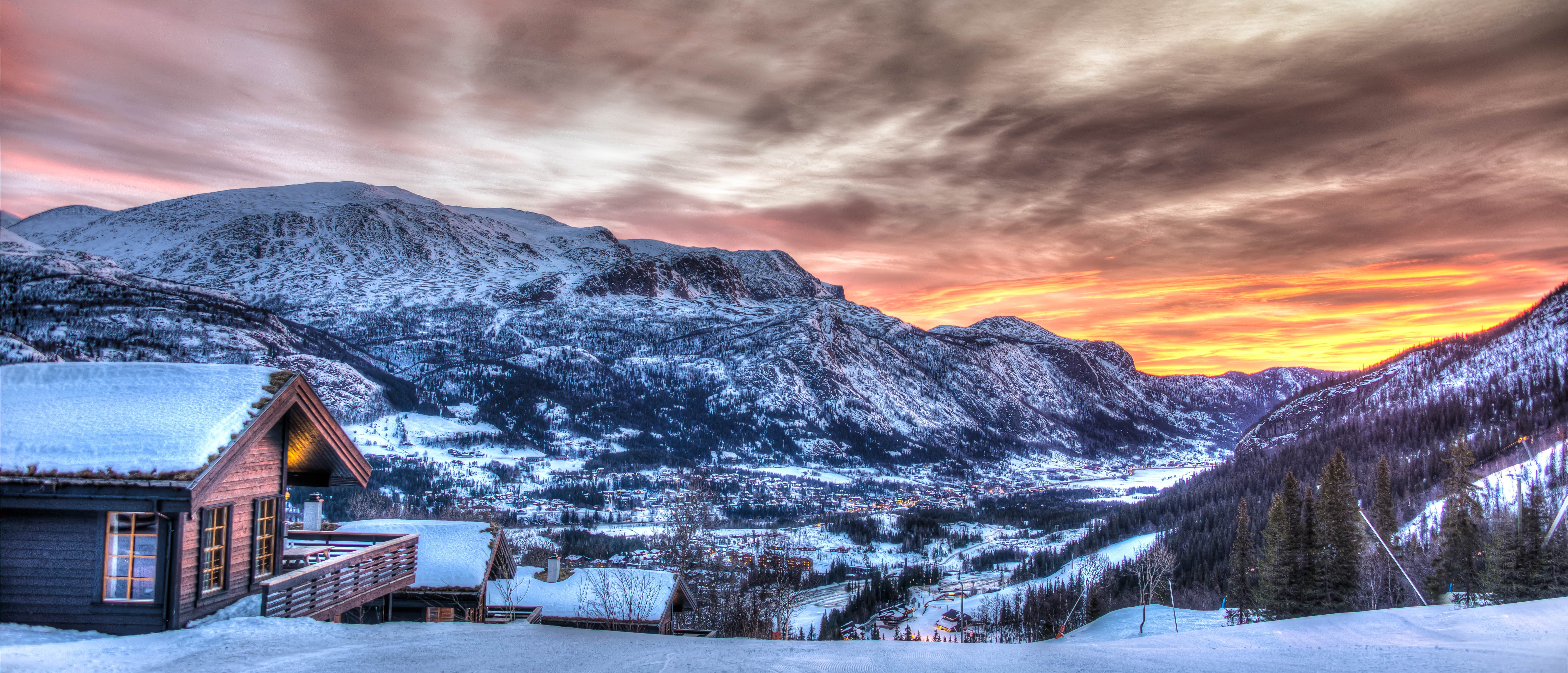 Wallpaper, winter, orange, cloud, snow, Norway, clouds, sunrise, painting, skiing, enhanced, HDR, hemsedal, skislope 6013x2582