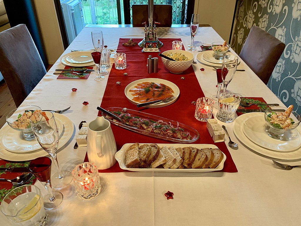 Christmas Eve dinner table with Christmas food
