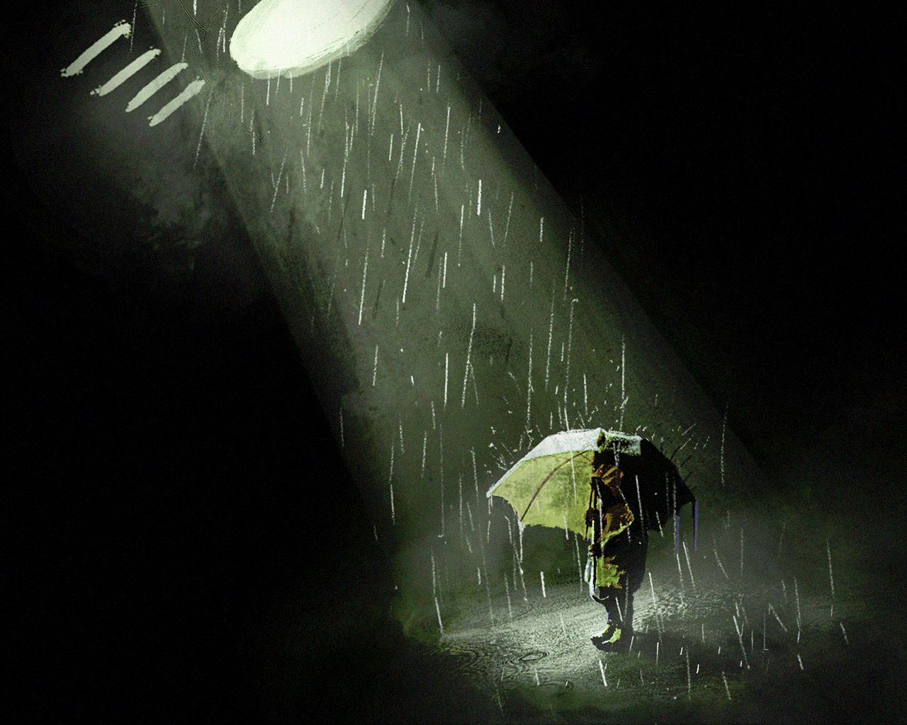 Download wallpaper 1280x1024 silhouette, umbrella, rain, light, beam, art standard 5:4 HD background