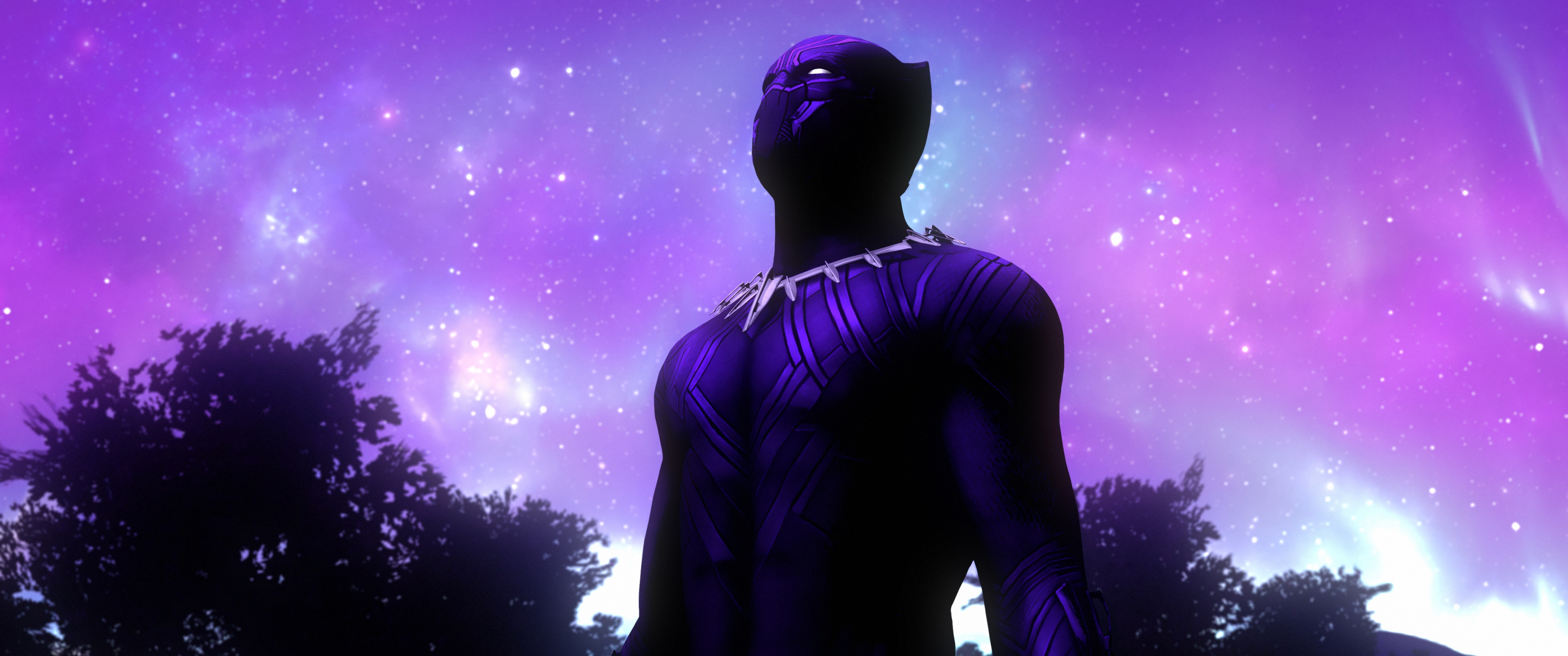 Black Panther Wallpaper 4K, Marvel Comics, Purple sky, Outer space, Stars, Fantasy