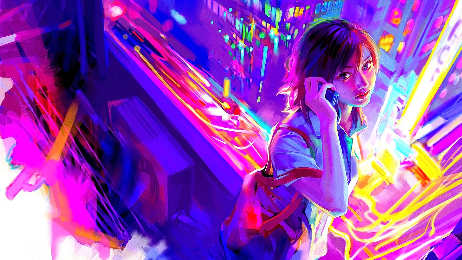 Wallpaper, anime girls, short hair, brunette, looking at viewer, rave, benjamin, disco, color, performance, stage, musical theatre, nightclub 1920x1080