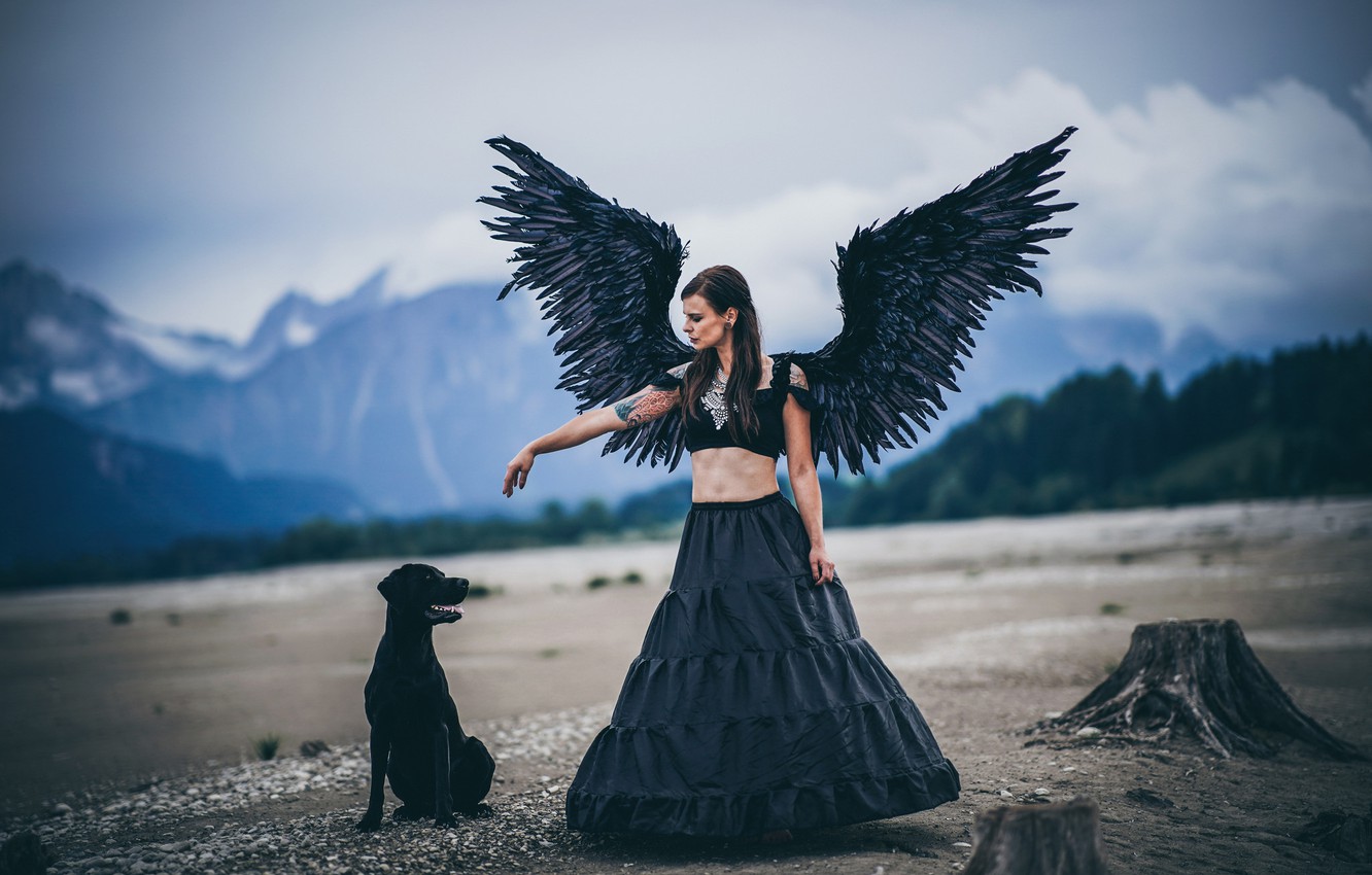 Wallpaper girl, mountains, woman, wings, dog, angel, black image for desktop, section ситуации
