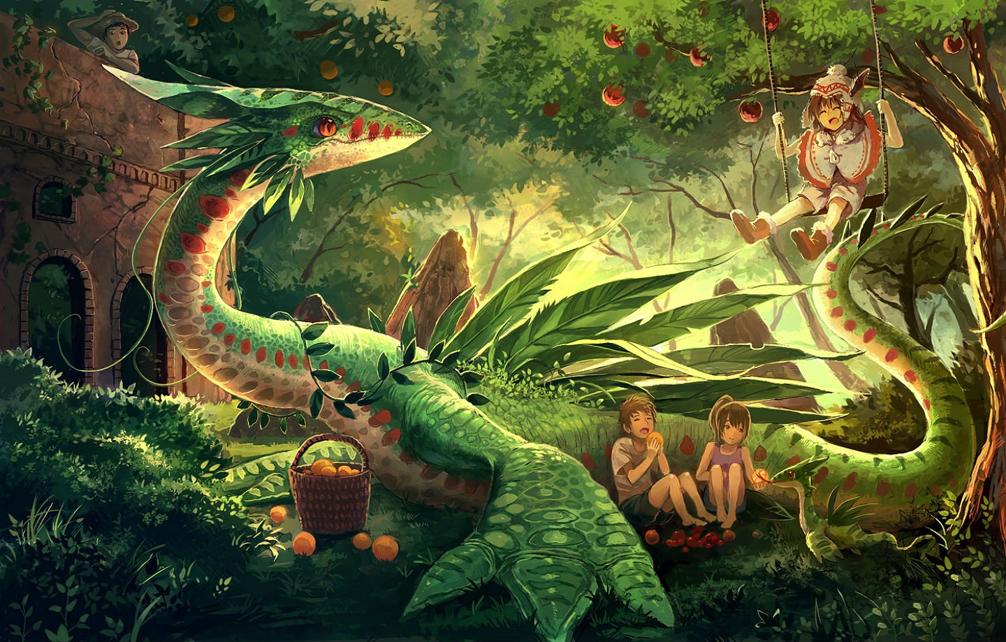 barefoot, Building, Dragon, Eikura, matti, Forest, Fruit, Grass, Hat, Long, Hair, Male, Orange, Eyes, Orange, fruit, Original, Short, Hair, Shorts, Tree Wallpaper HD / Desktop and Mobile Background