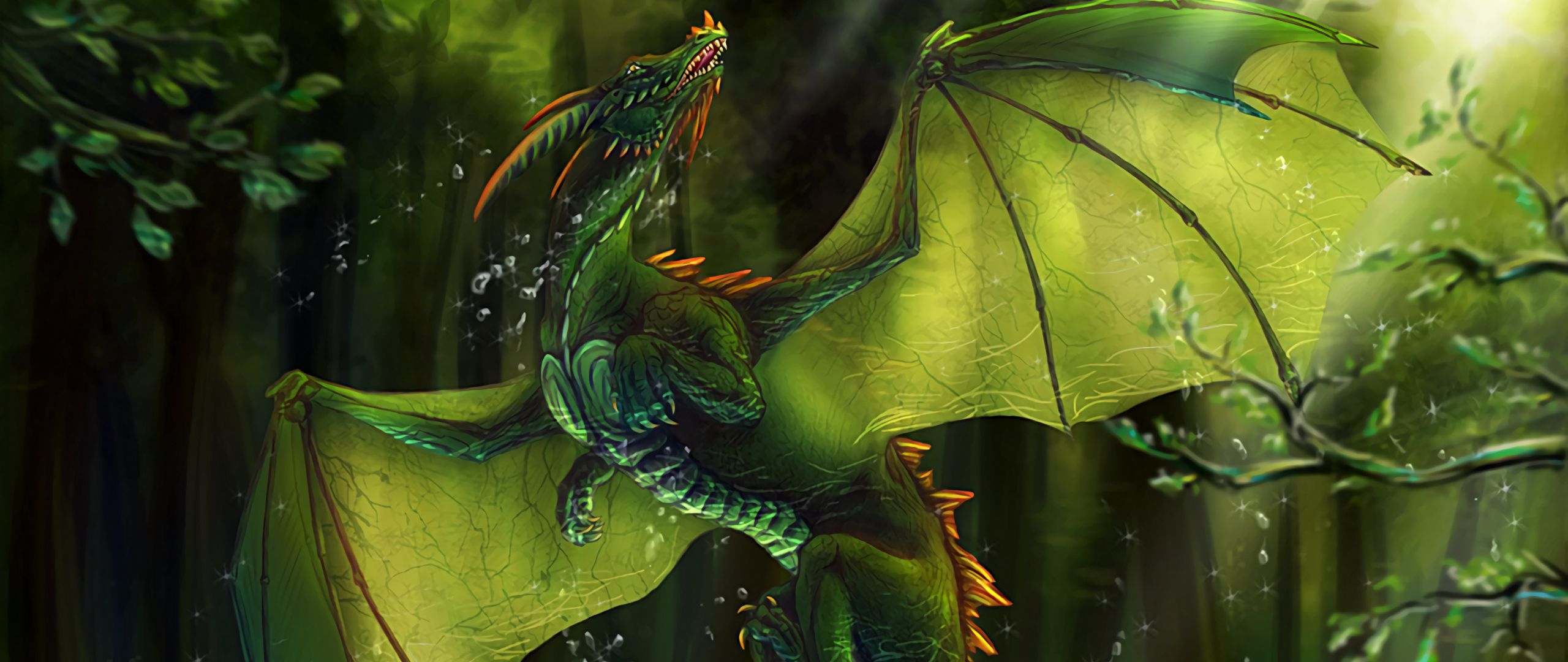 Download wallpaper 2560x1080 dragon, lake, forest, water, art dual wide 1080p HD background