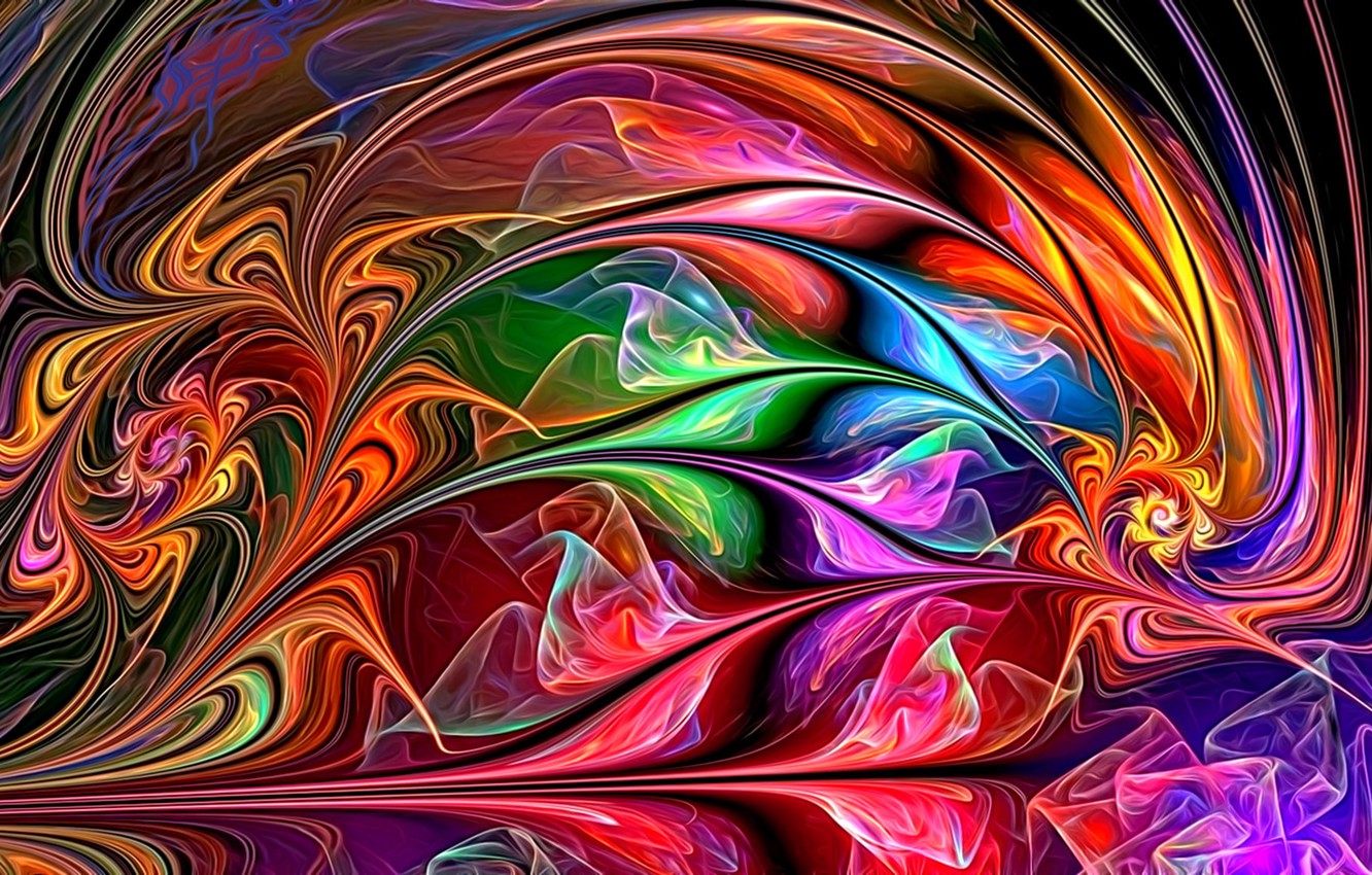 Wallpaper abstraction, fantasy, fractal, picture, flickering, the colors of the rainbow, zigzags, glowing lines, neon paint image for desktop, section абстракции
