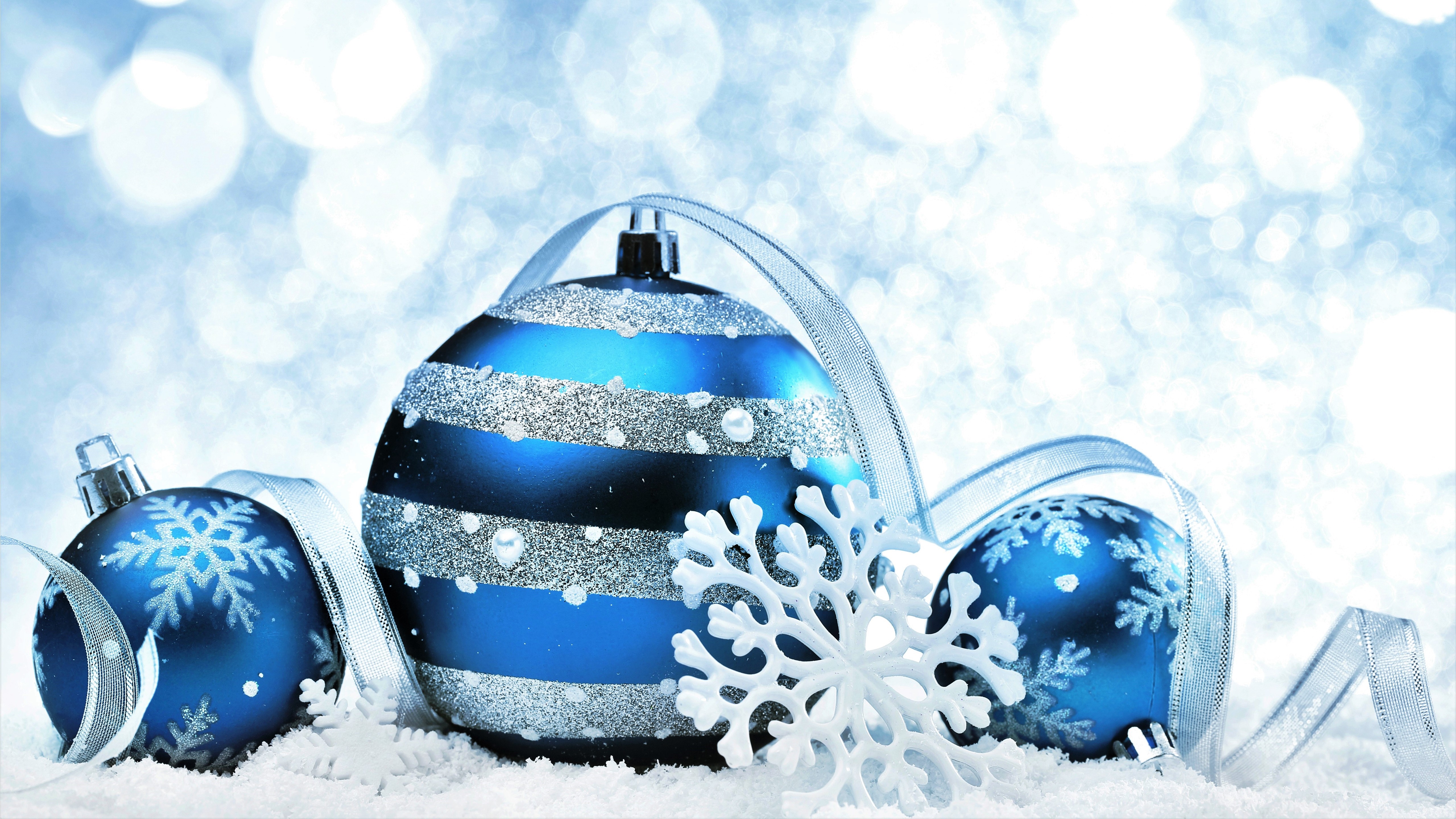 Blue Christmas Ornaments Ribbon Silver Snowflake 4K 5K HD Snowflake Wallpaper