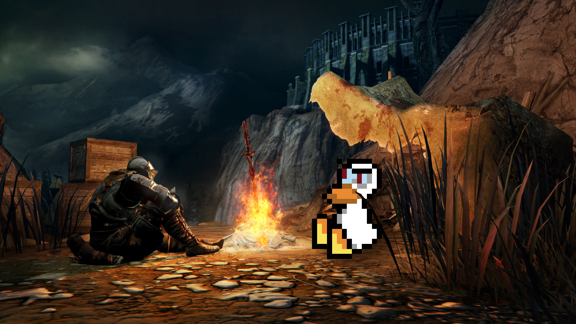Wallpaper, Dark Souls III, Duck Game, crossover, campfire, armor, video games 1920x1080