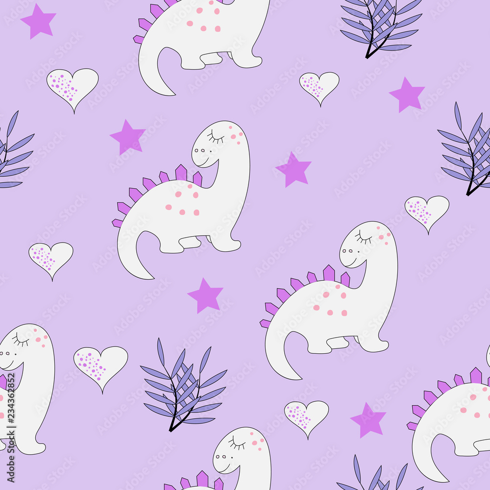 Funny baby dinosaur seamless pattern on the purple background. Baby cloth design, wallpaper, wrapping. Vector illustration. Stock Vector