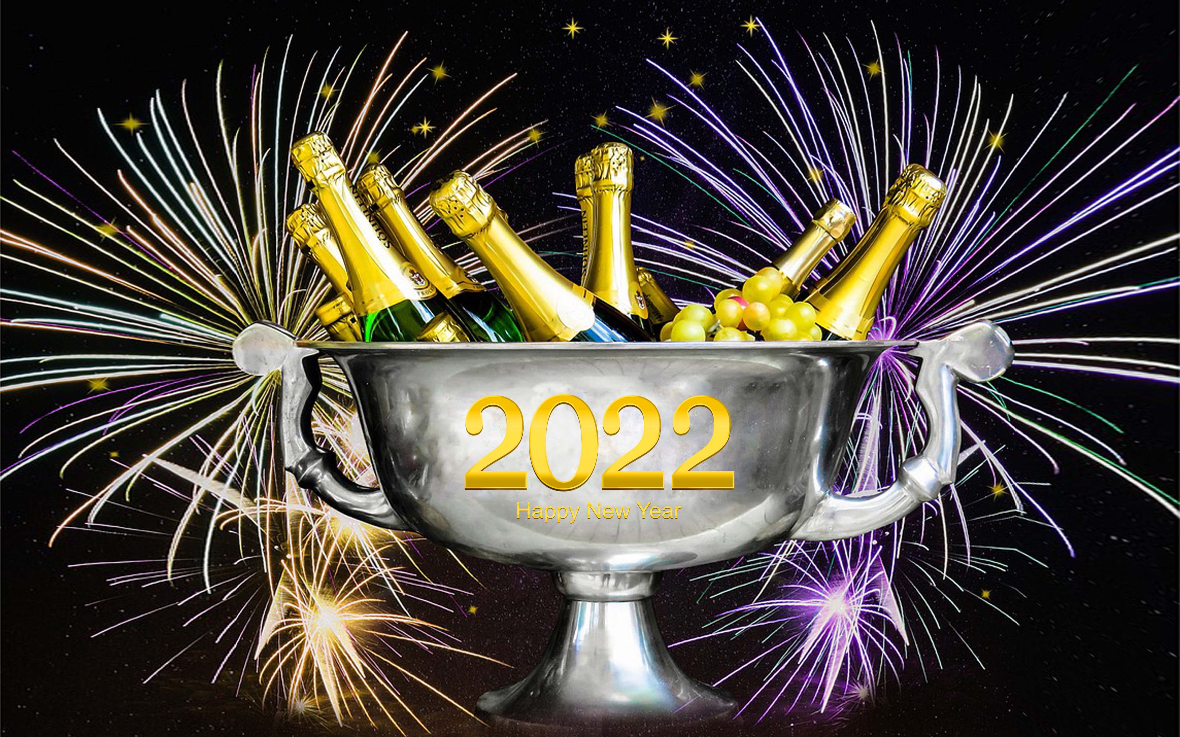 Merry Christmas & Happy New Year 2022 New Year's Eve Champagne Bottles In Gold Foil Fireworks, Wallpaper13.com