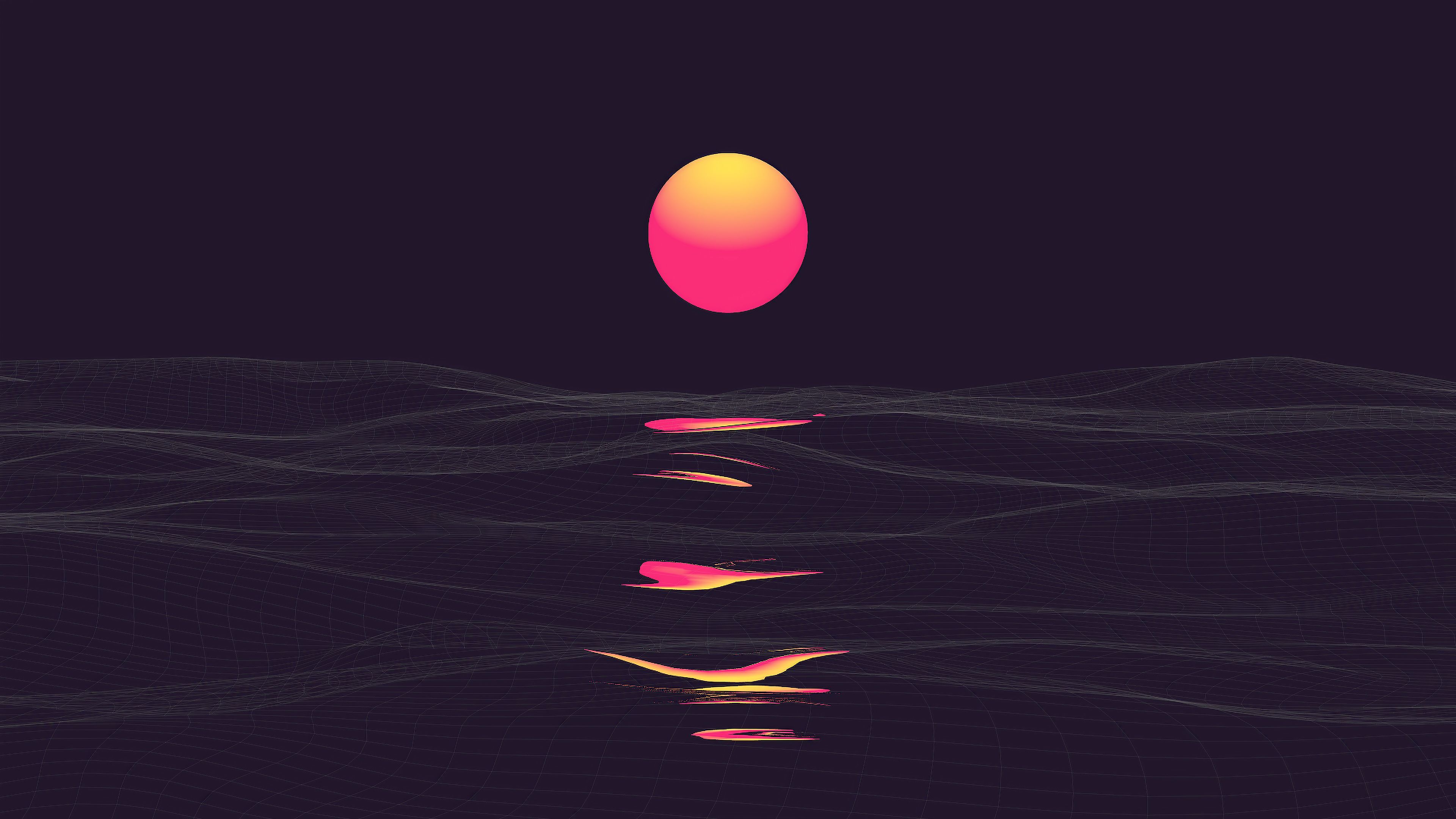 Retrowave Sunset Reflection [3840x2160]. Digital wallpaper, Sun illustration, Vaporwave wallpaper