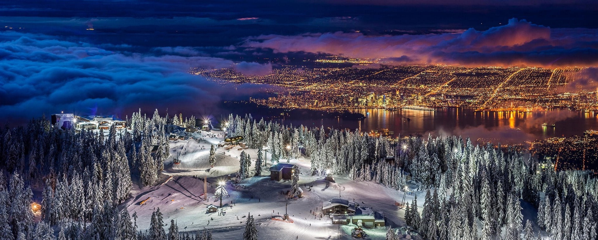 nature, Landscape, Panoramas, Cityscape, Vancouver, Lights, Winter, Snow, Forest, Night, Skis, Clouds, Ports Wallpaper HD / Desktop and Mobile Background