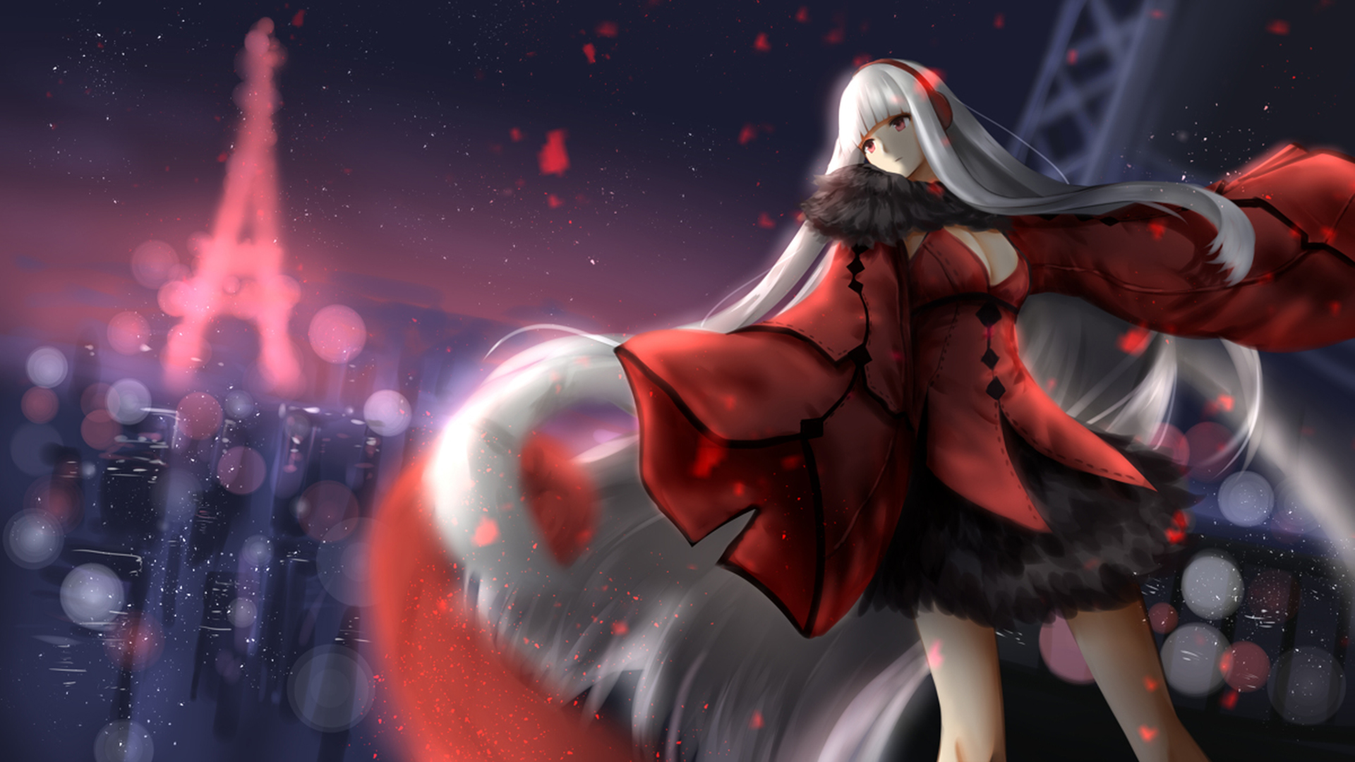 Wallpaper, anime, white hair, Paris, night, girl, Pretty Girl, busty 1920x1080