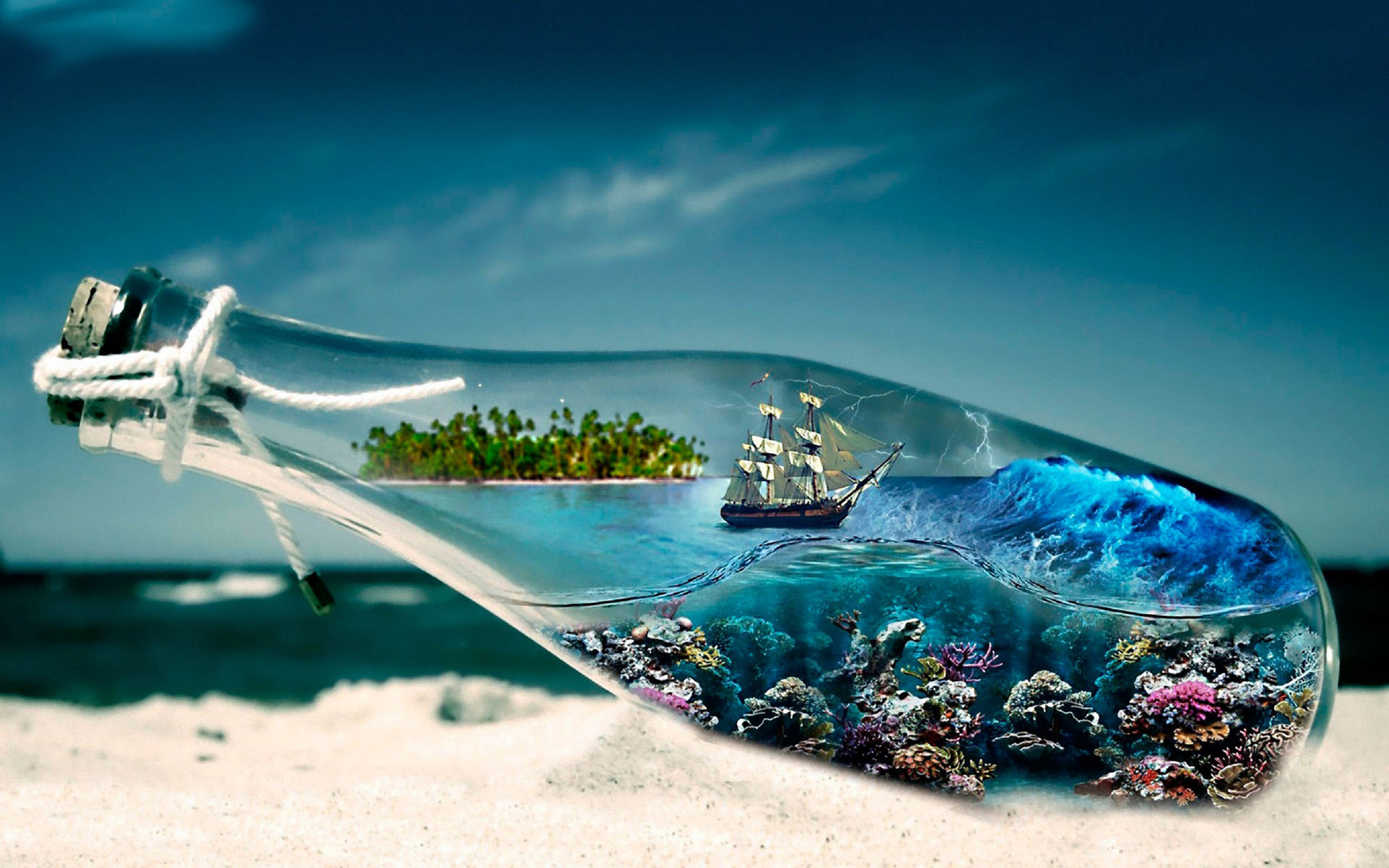 World In Glass Bottle Sea Boat Underwater World Seabed With Corals Desktop Wallpaper HD 2560x1600, Wallpaper13.com