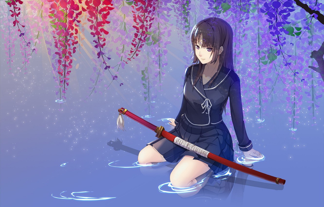 Wallpaper water, katana, schoolgirl, flowering, long hair, sheath, Isaiah yomi my, Wisteria, Ga Rei Zero, sitting on my lap image for desktop, section прочее