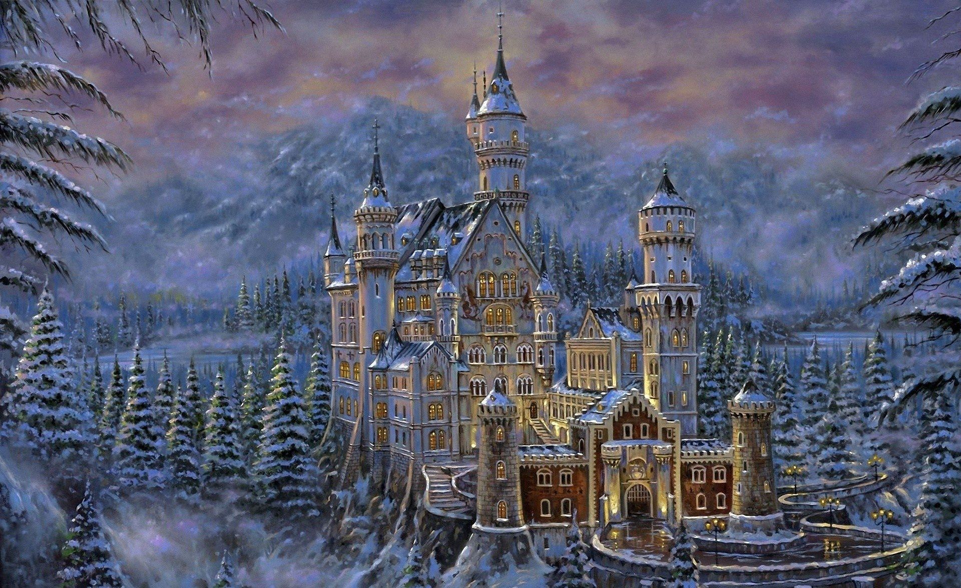 Fantasy Castle Snow Tree Winter Neuschwanstein Castle Painting Artistic Wallpaper. Fantasy castle, Painting, Neuschwanstein castle