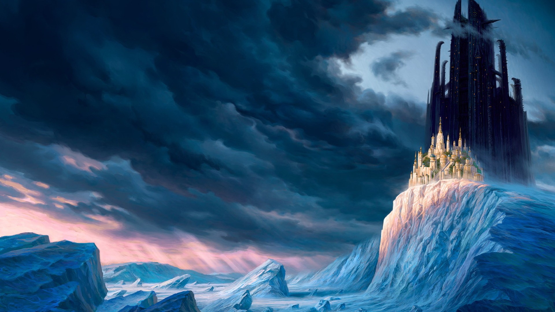 Wallpaper Winter, mountains, snow, ice, clouds, castle, city, skyscrapers, fantasy world 1920x1080 Full HD 2K Picture, Image