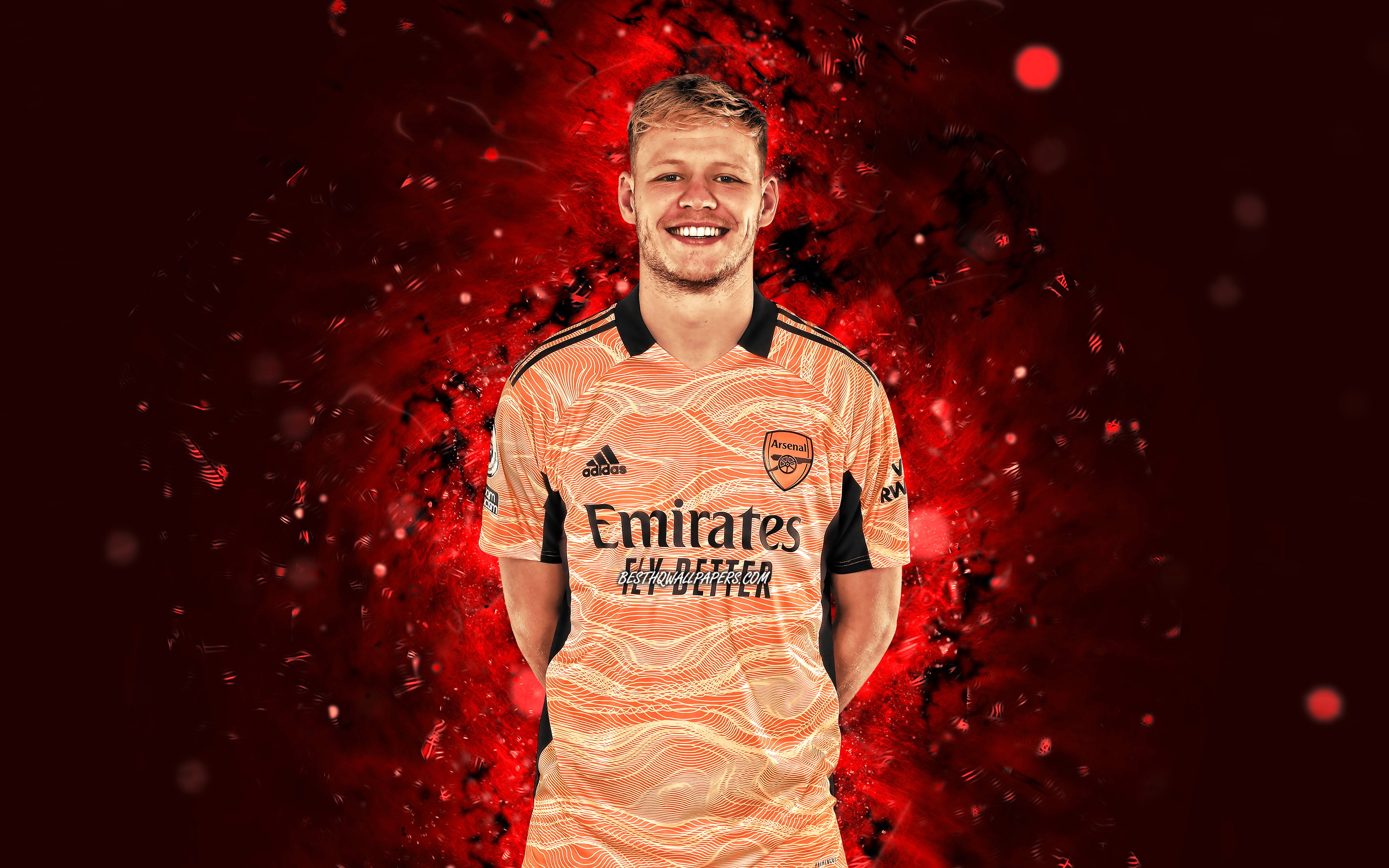 Download wallpaper Aaron Ramsdale, 4k, english footballers, Arsenal FC, red neon lights, Aaron Christopher Ramsdale, soccer, Premier League, football, The Gunners, Aaron Ramsdale Arsenal, Aaron Ramsdale 4K for desktop with resolution