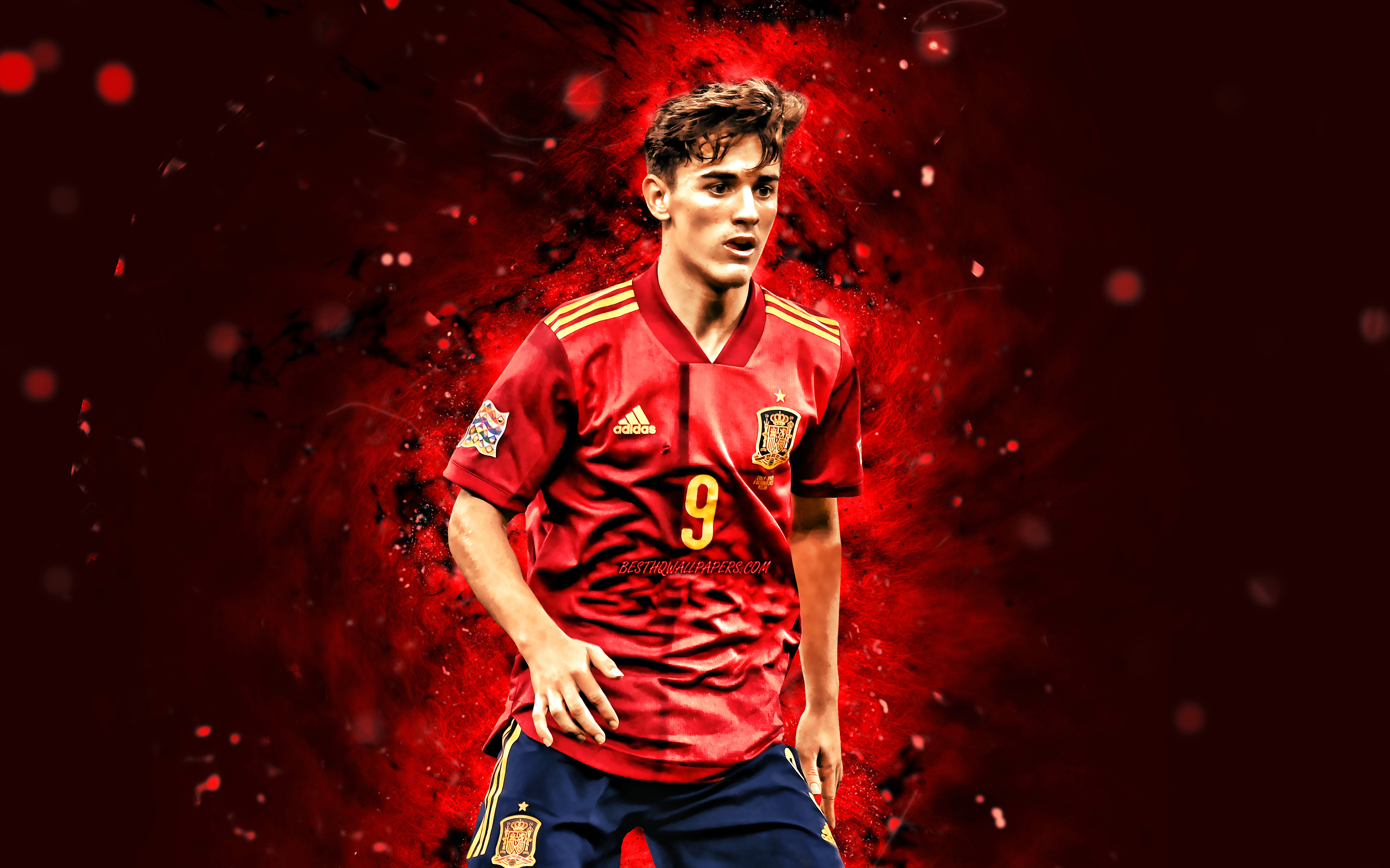 Download wallpapers Gavi, 4k, 2021, Spain National Team, soccer, footballers, Pablo Martin Paez Gavira, red neon lights, Spanish football team, Gavi 4K for desktop with resolution 3840x2400. High Quality HD pictures wallpapers
